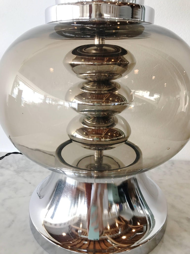 Italian Smoked Glass Ellipsoids and Chrome Table Lamp, Italy, circa 1970 For Sale