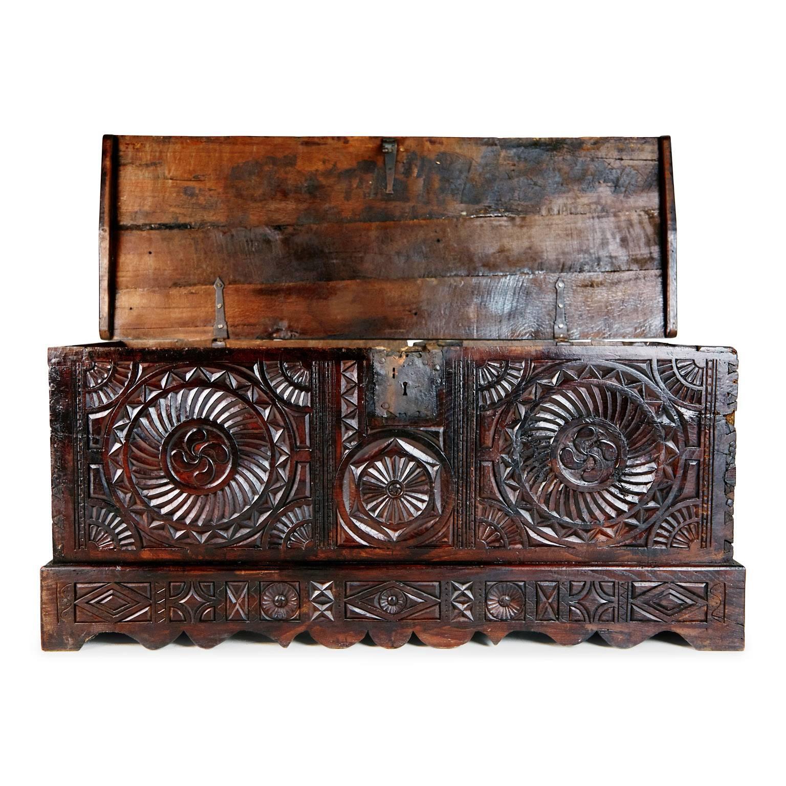 Welsh 17th Century English Carved Oak and Elm Large Blanket Chest Coffer