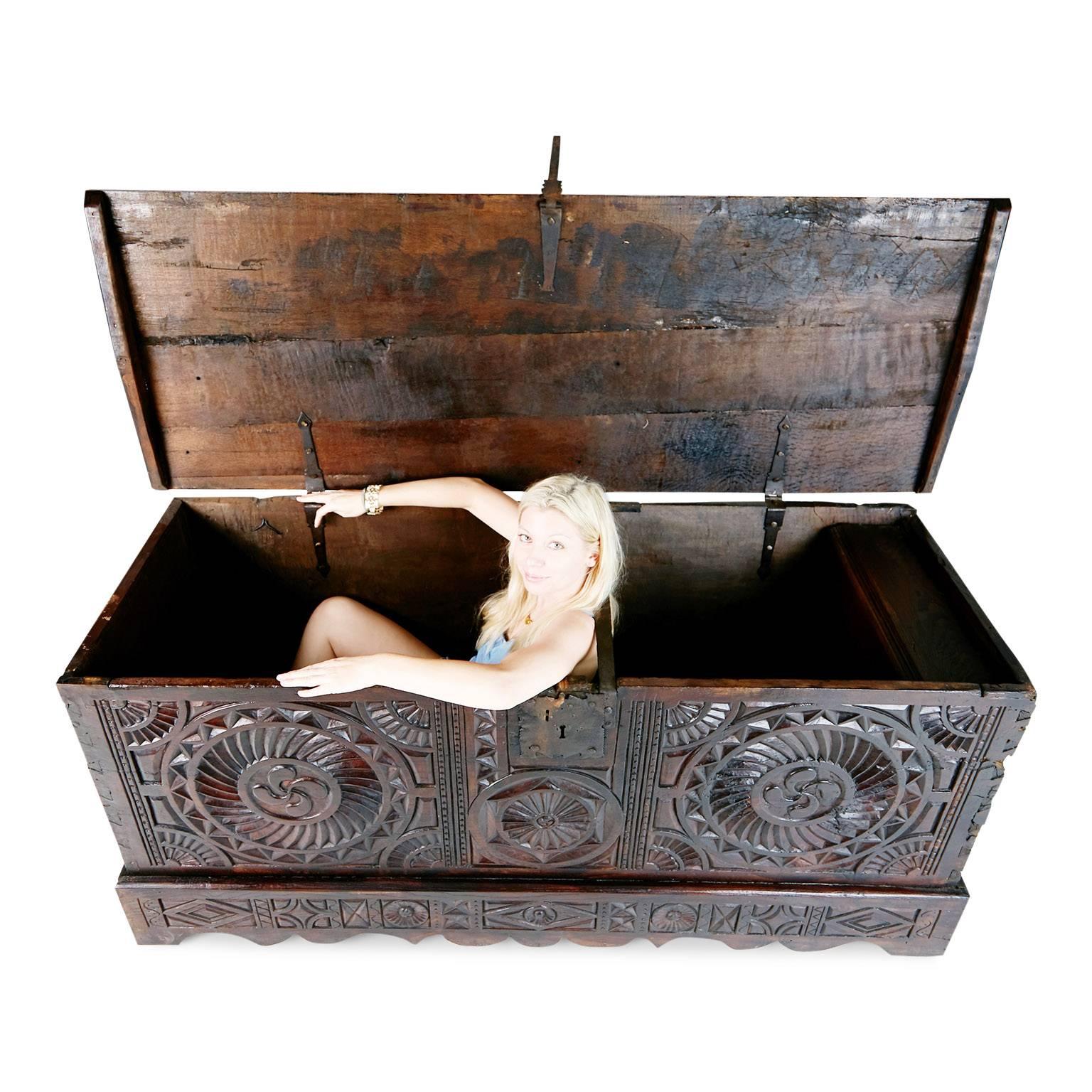 Hand-Carved 17th Century English Carved Oak and Elm Large Blanket Chest Coffer