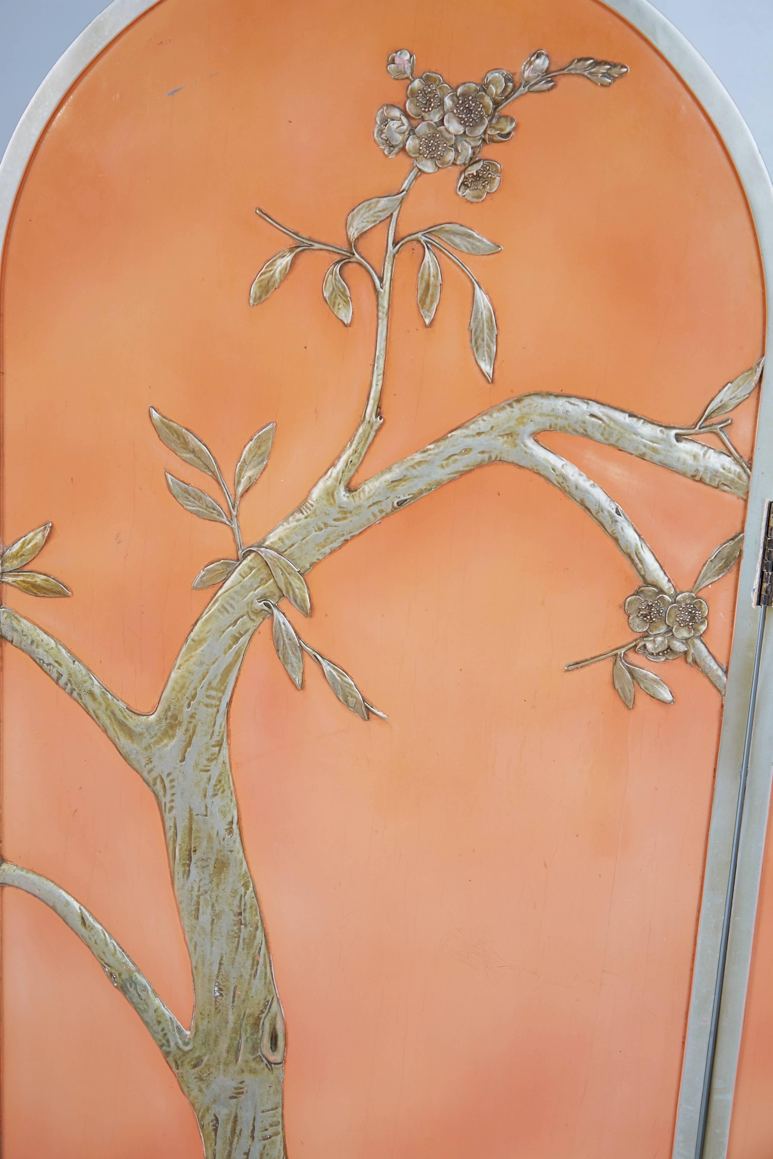 Peach Art Deco Carved Relief Floral Chinoiserie Folding Screen, circa 1920 1