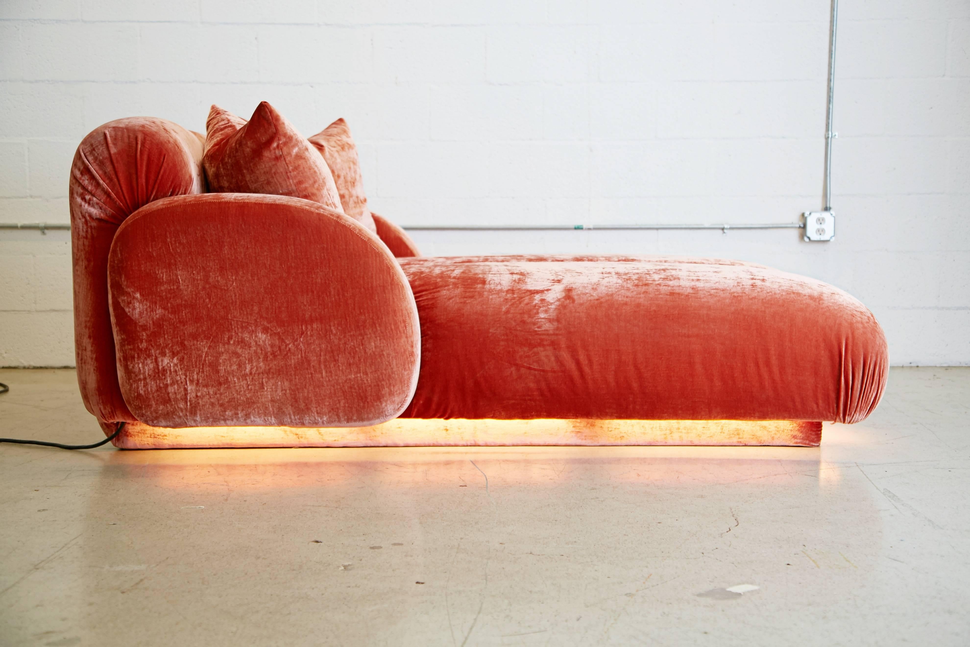 Invest in a piece of design history with this channel tufted chaise longue by Steve Chase. Recently procured from an extraordinary coastal cliff top home in Laguna Beach which was custom designed in it's entirety by prolific Southern California