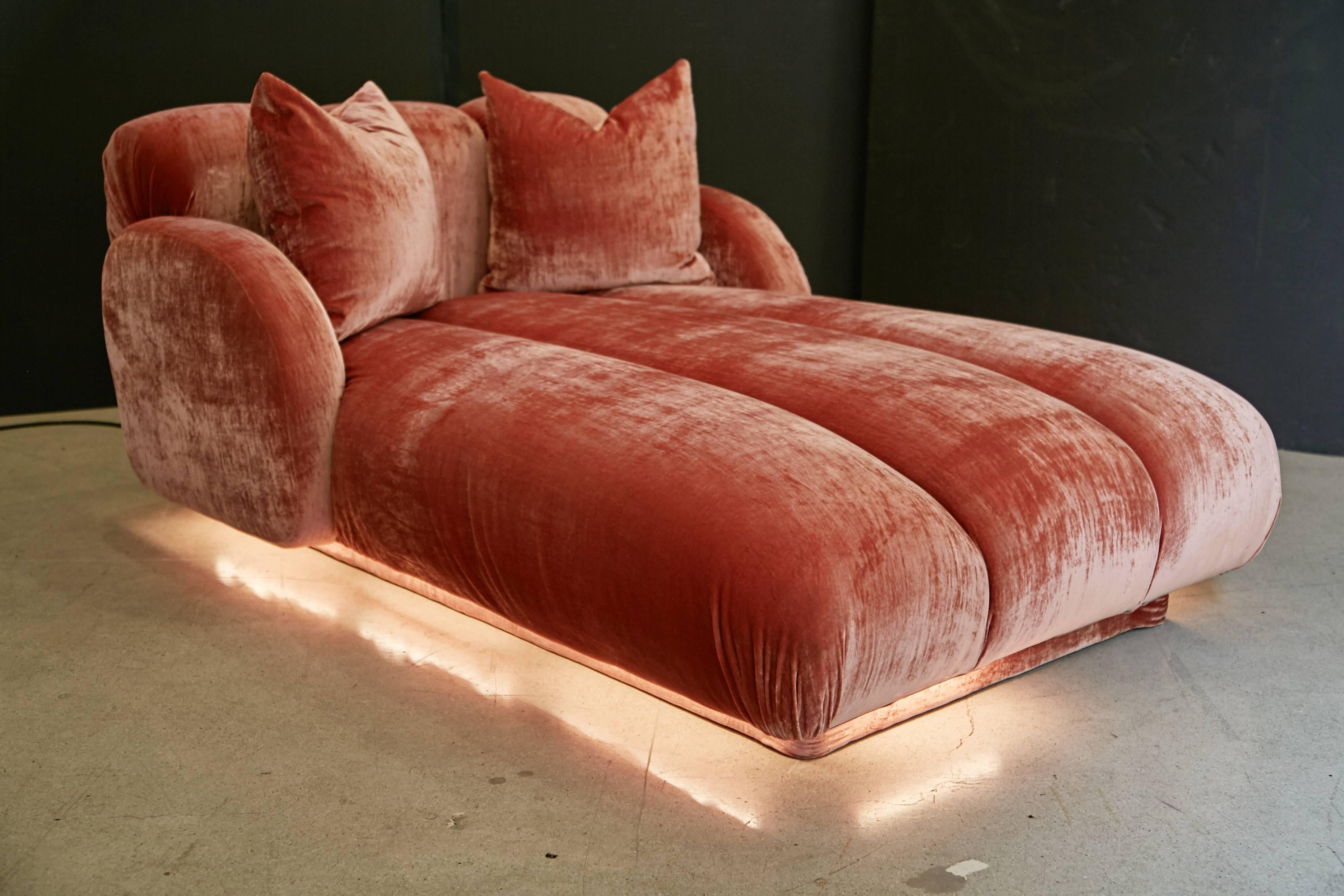 Modern Custom Illuminating Pink Velvet Chaise by Steve Chase from Chase Designed Home