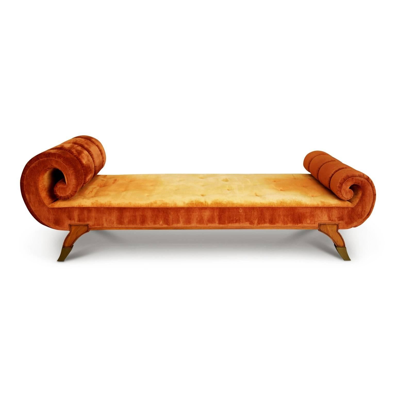Sprawl out on this grandly proportioned Louis XVI style daybed. This extraordinary French style chaise longue features button tufting detail across the seat flanked by two curvaceous channel tufted rolled arms either end, the largest being at the