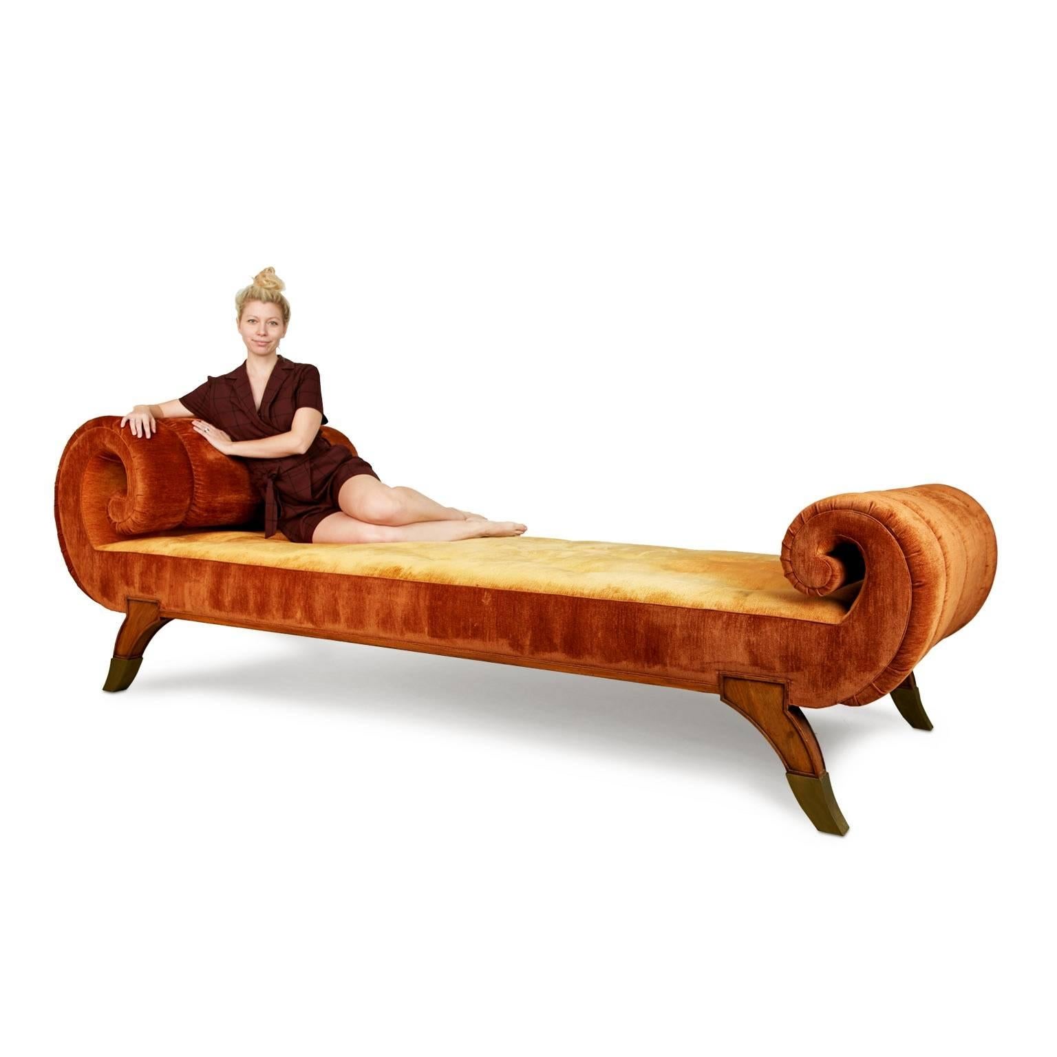 Brass Grand Louis XVI Style Tufted Daybed or Chaise Lounge with Rolled Arms