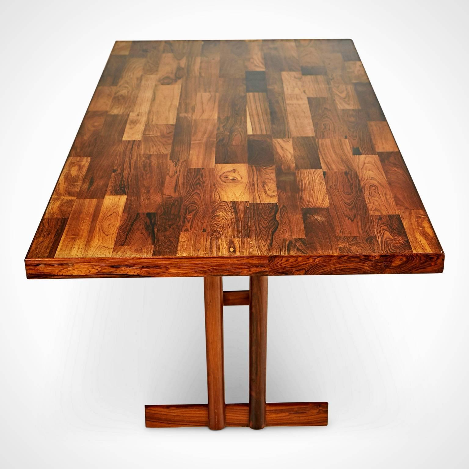 Mid-Century Modern Jacaranda Rosewood Patchwork Trestle Dining Table, Brazil, circa 1970