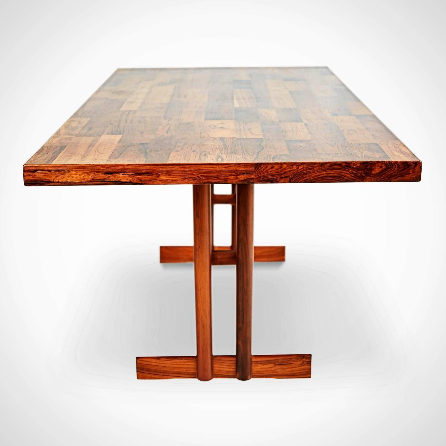 Brazilian Jacaranda Rosewood Patchwork Trestle Dining Table, Brazil, circa 1970