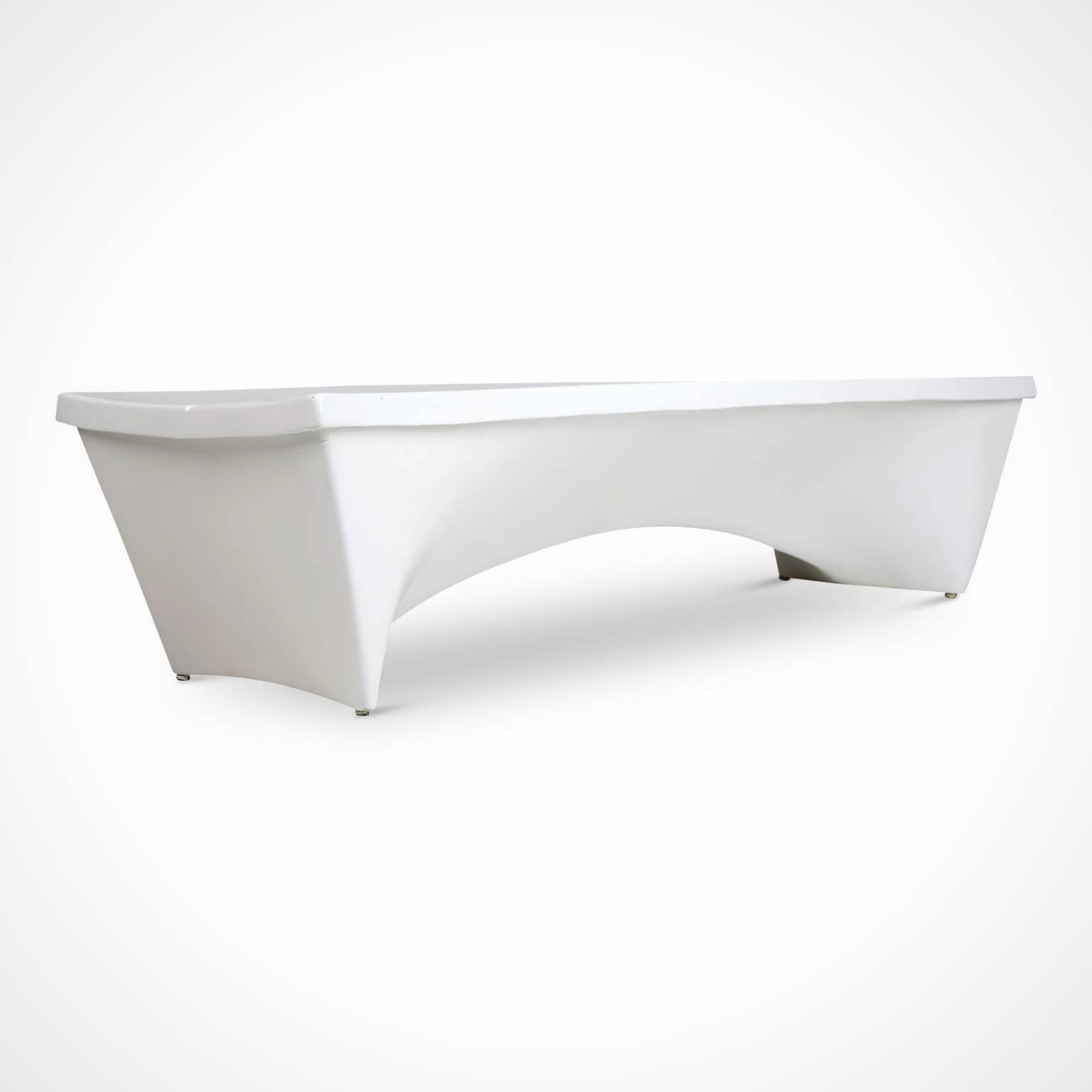 Sculptural benches that can be used indoors or outdoors by Douglas Deeds for Architectural Fiberglass (also known as Architectural Pottery). Fabricated from molded white colored fiberglass these two benches feature the use of clean lines and minimal