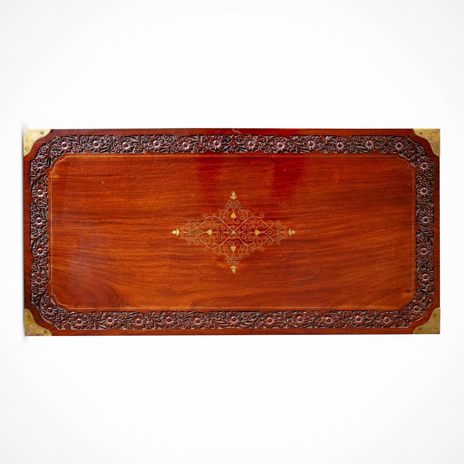 Carved Walnut and Brass Inlay Campaign Chest Dresser 3