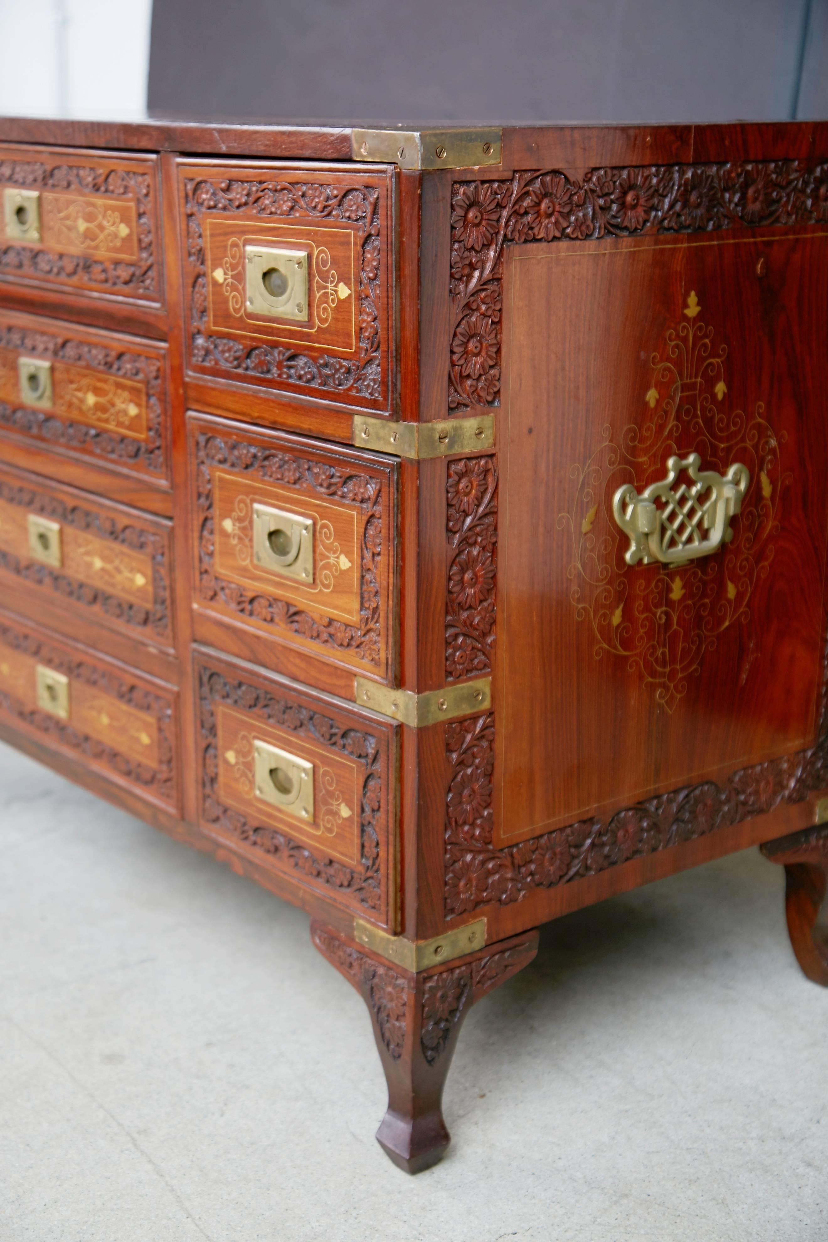 Carved Walnut and Brass Inlay Campaign Chest Dresser In Excellent Condition In Los Angeles, CA