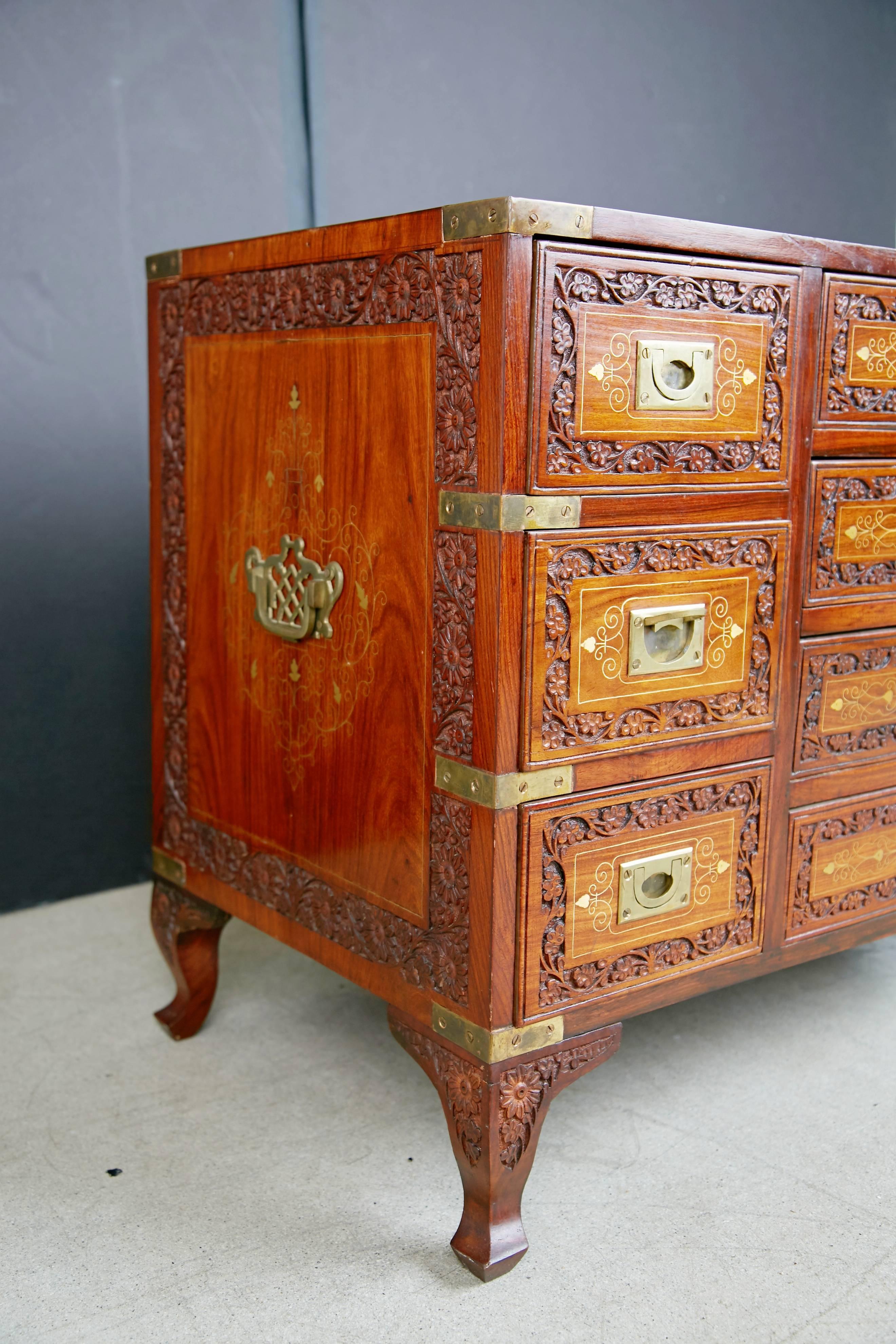 Late 20th Century Carved Walnut and Brass Inlay Campaign Chest Dresser