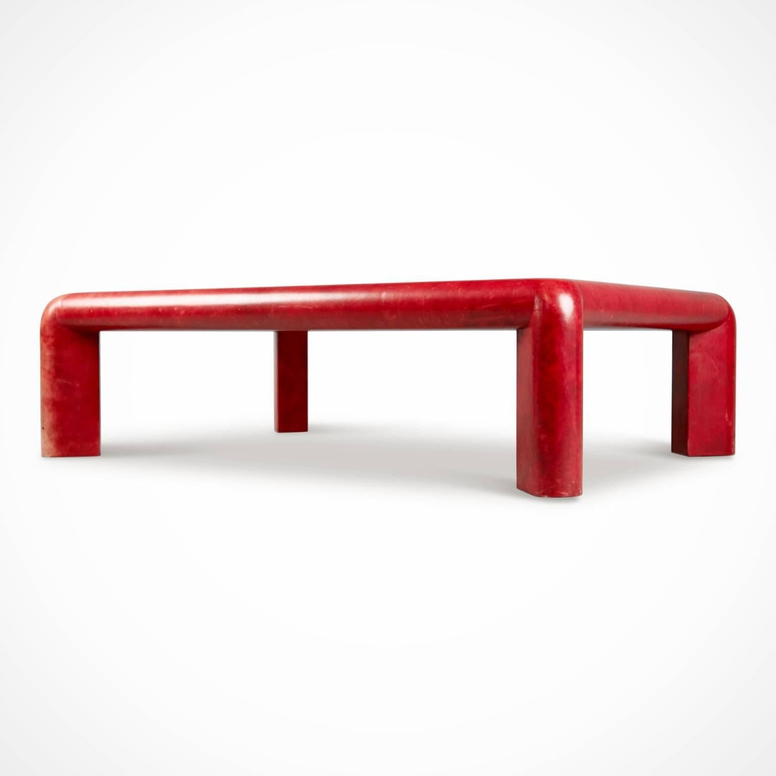 Modern Karl Springer Red Leather & Brass 'Mark II' Cocktail Table,  Signed & Dated 1984