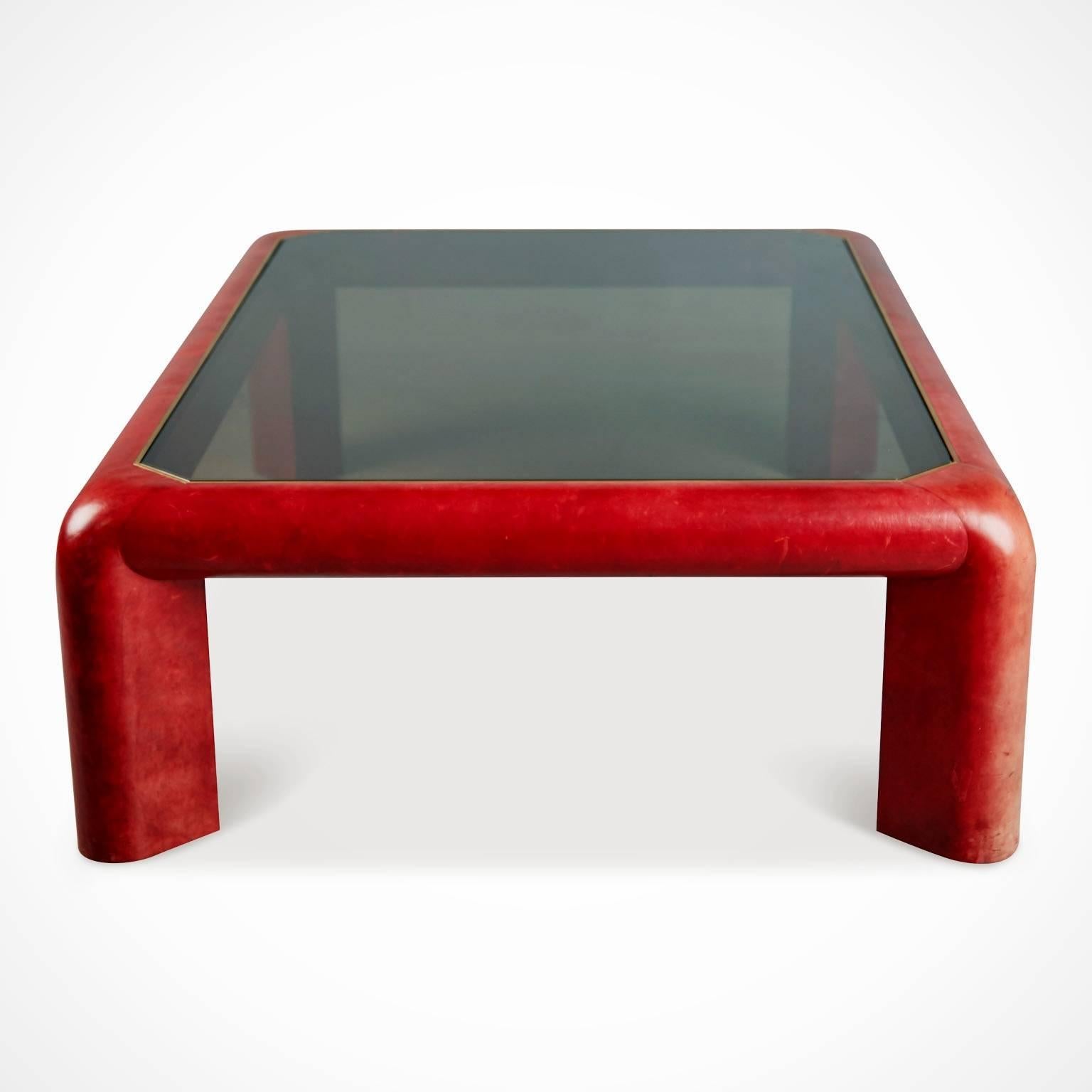Late 20th Century Karl Springer Red Leather & Brass 'Mark II' Cocktail Table,  Signed & Dated 1984