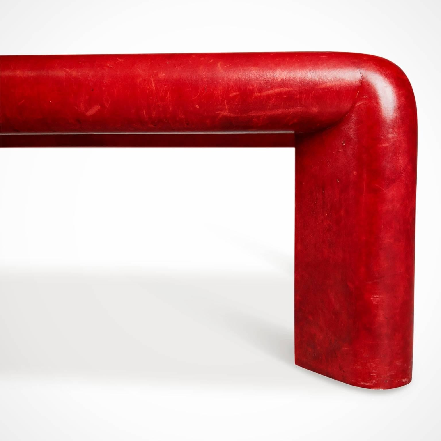 Karl Springer Red Leather & Brass 'Mark II' Cocktail Table,  Signed & Dated 1984 1