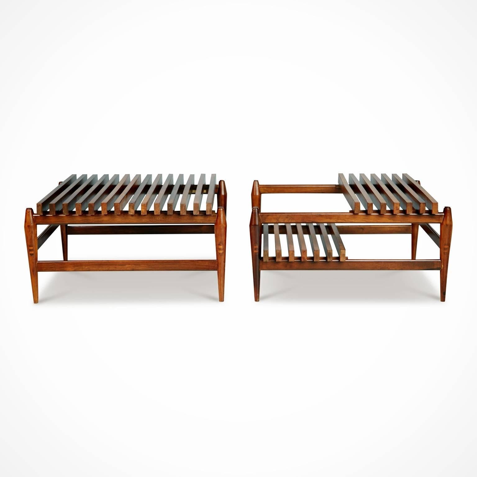 Newly imported and restored from a private collector in Brazil, these unique slatted Jacaranda Rosewood side tables created by the Liceu de Artes e Ofícios de São Paulo encapsulate the quality and innovation of the school's designs. 

Founded in