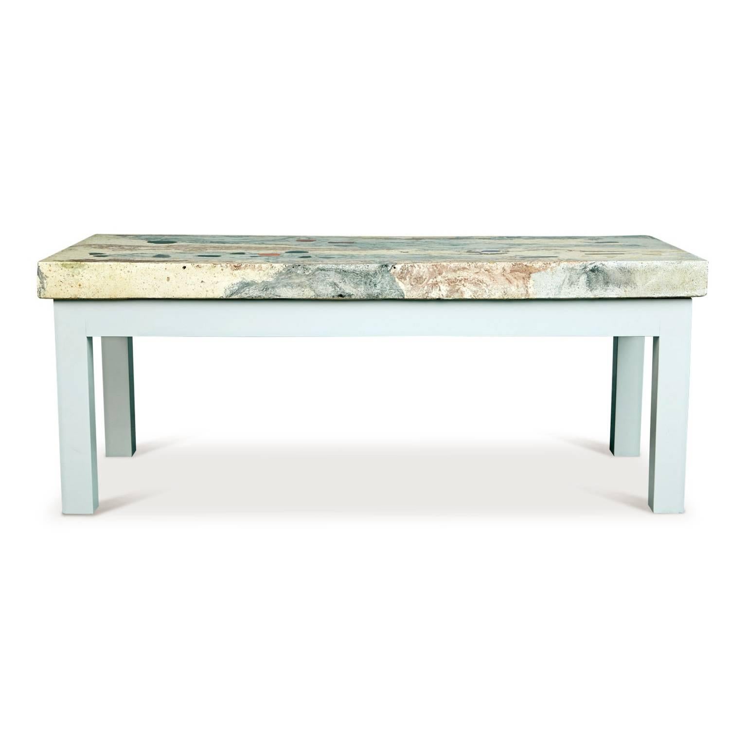 Uniquely crafted Post-Modern Italian coffee table, cocktail or tea table, or large side table. This eye-catching table features a beautiful cast concrete top that has been painted with swirling clouds of marbleized color to give this concrete the