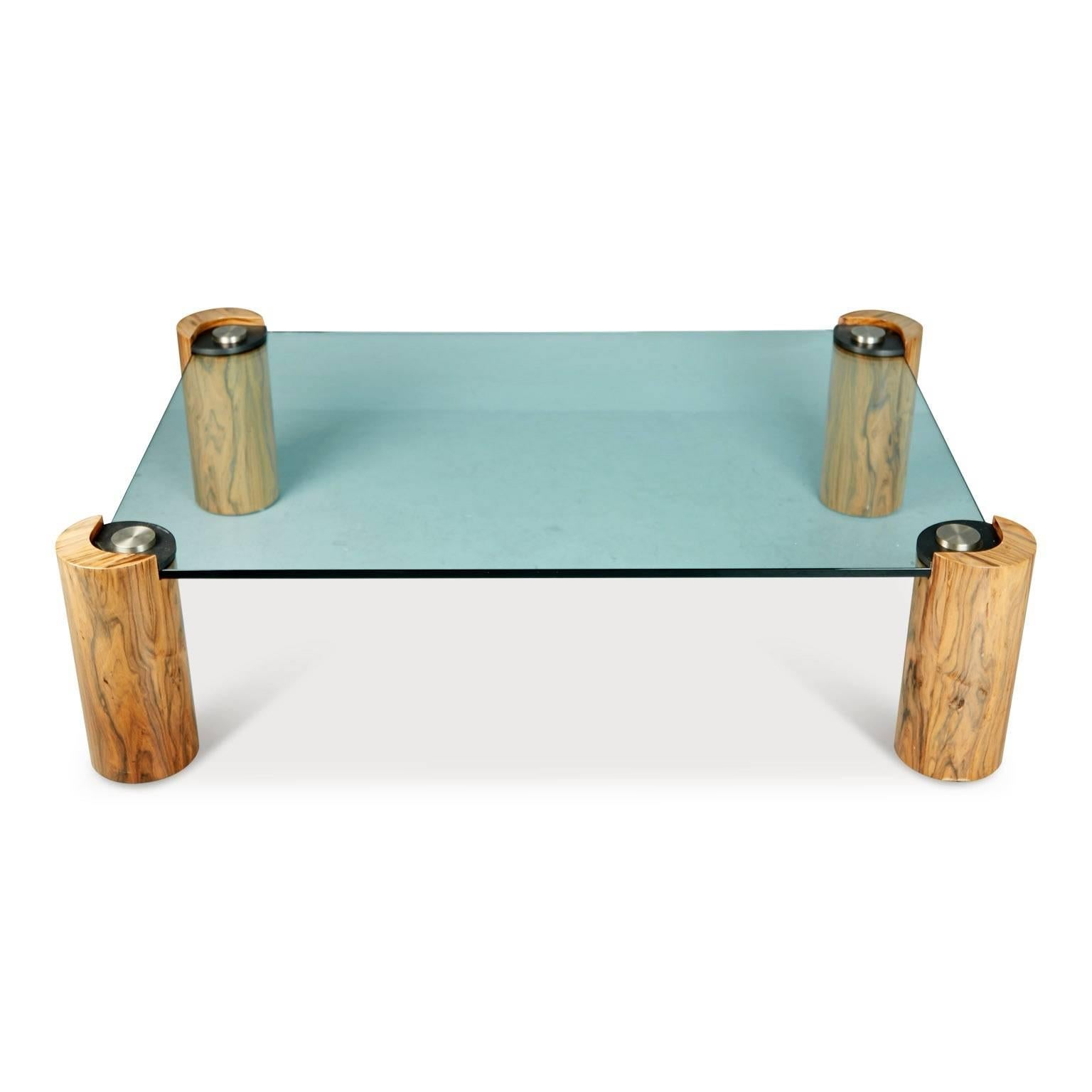 American Karl Springer Macassar Wood, Bronze, Chrome and Glass Coffee Table