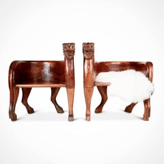 Figural Full Body Carved Teak Wood Lioness Club Chairs, Pair