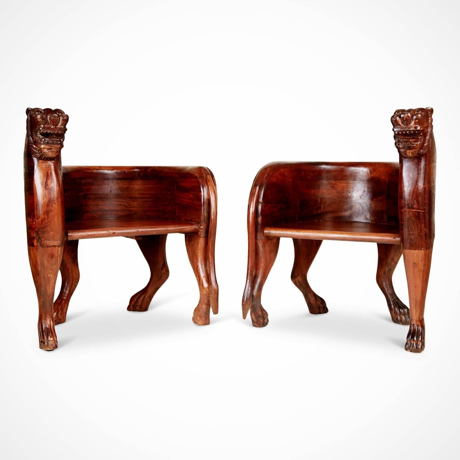 Tribal Figural Full Body Carved Teak Wood Lioness Club Chairs, Pair