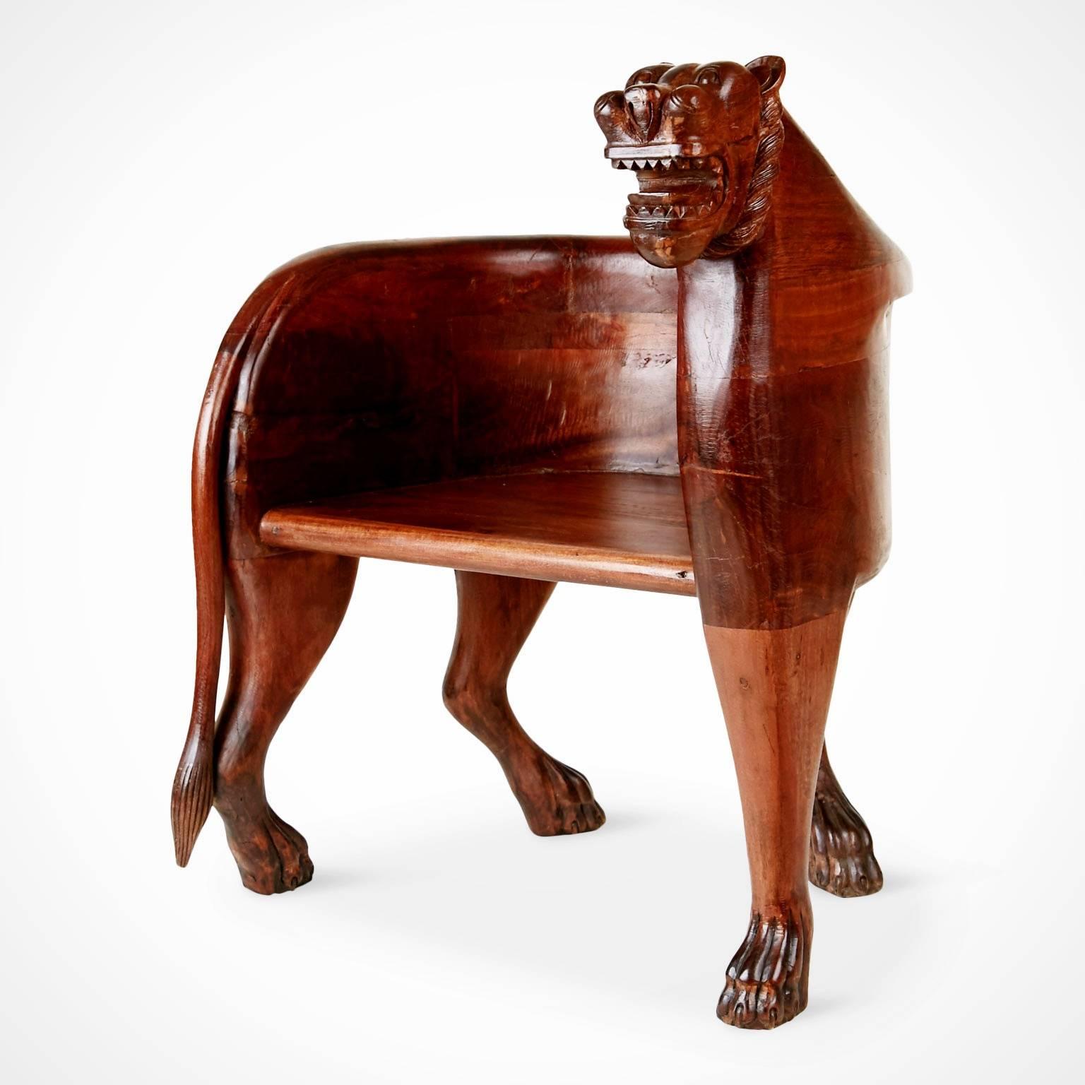20th Century Figural Full Body Carved Teak Wood Lioness Club Chairs, Pair