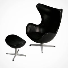 Arne Jacobsen Leather Egg Chair & Footstool for Fritz Hansen, Double Signed 1965