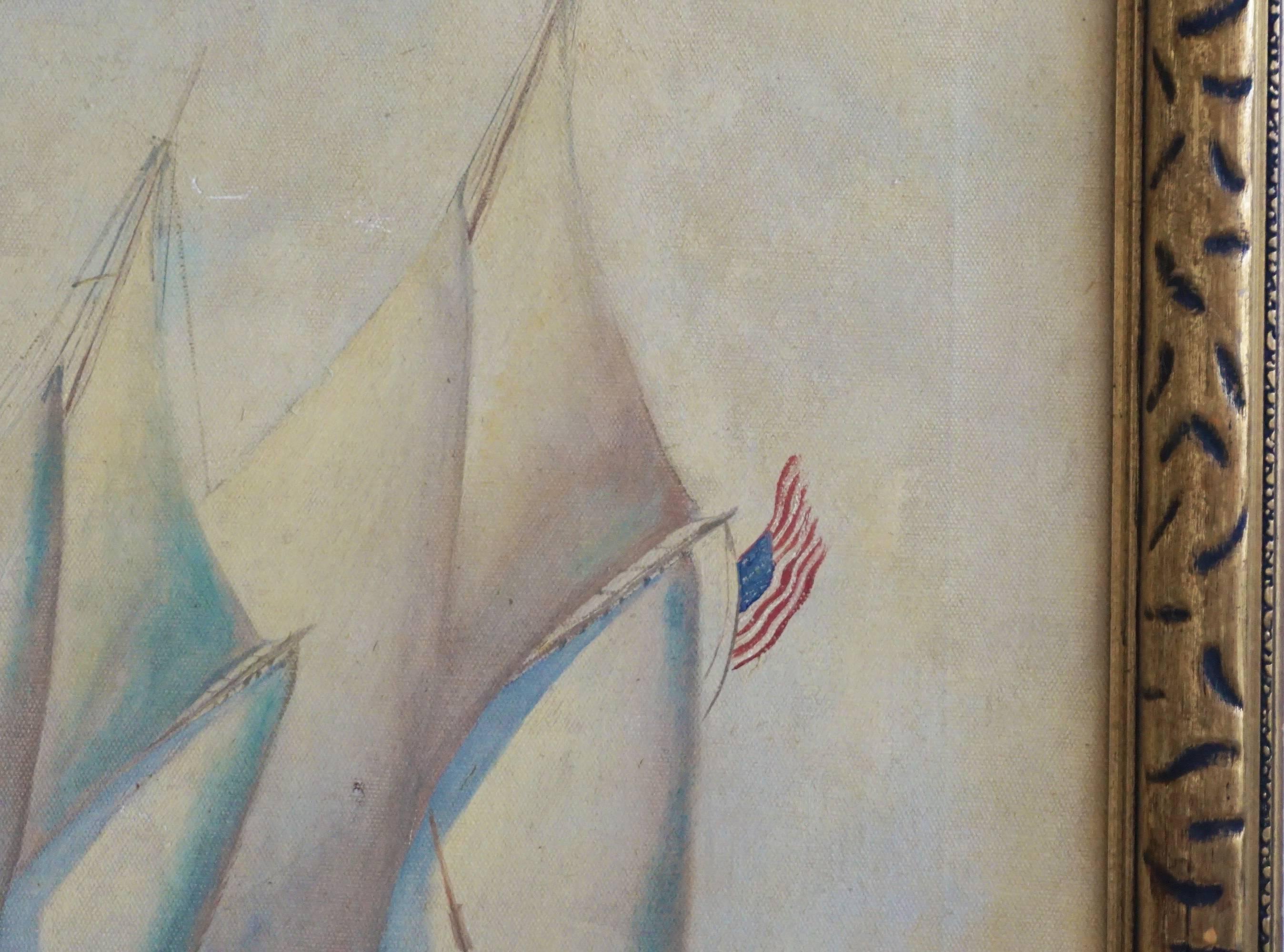 American Schooner Painting, 1932 In Fair Condition For Sale In Palm Springs, CA