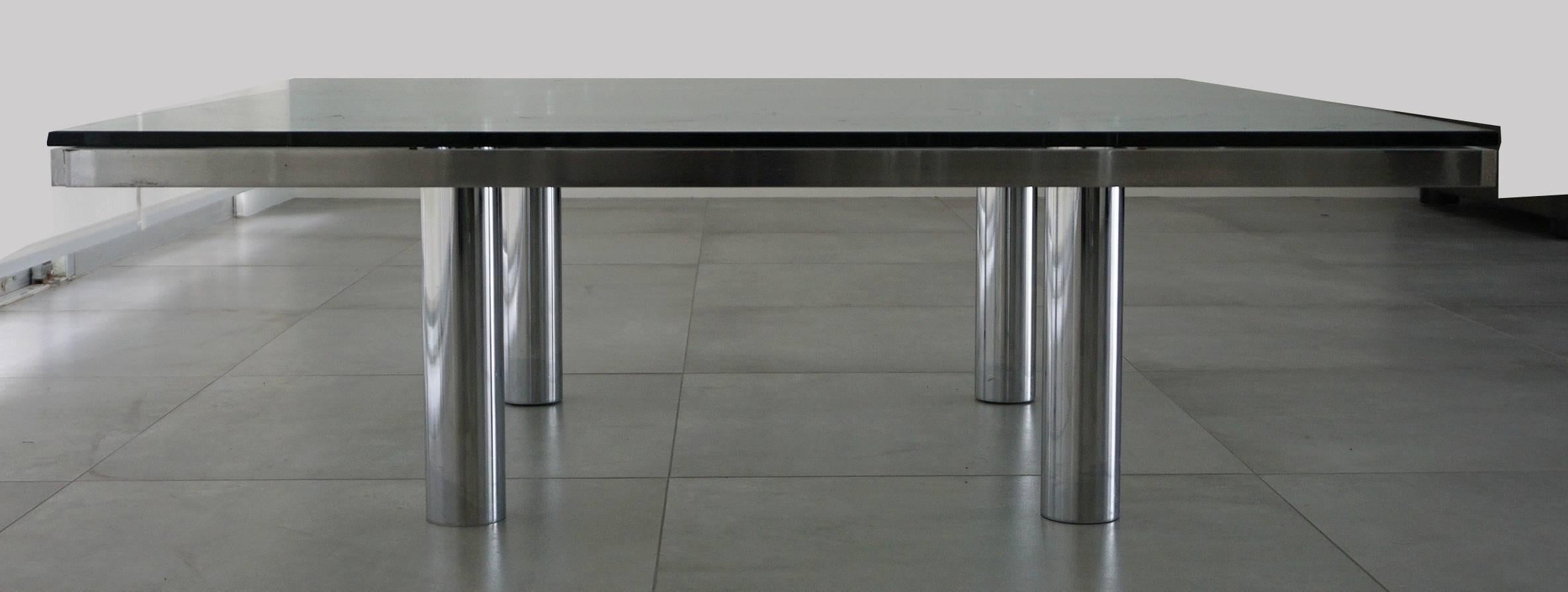 André Tobias Scarpa gavina coffee table 1960s. Glass on chrome base with leather Inlays missing one disc under one foot.