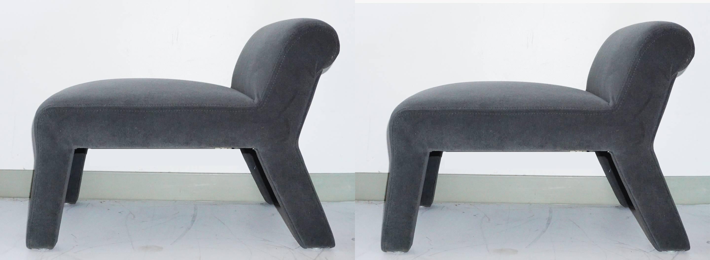 Palm Springs designer Gary Jon's interpretation of the Billy Haines Elbow chair.

Recovered in gray mohair.

It is a small-scale slipper chair which allows a woman in a ball gown to sit sideways.
 