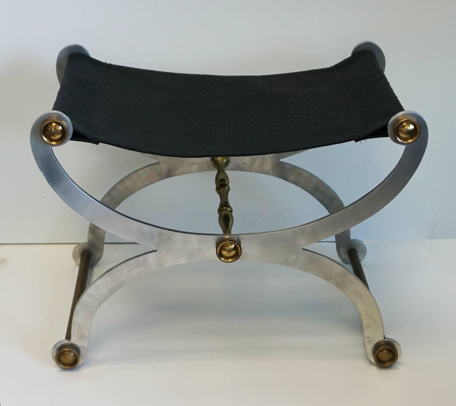 Brass Faux Ostrich Leather Seat in the Style of Maison Jansen For Sale