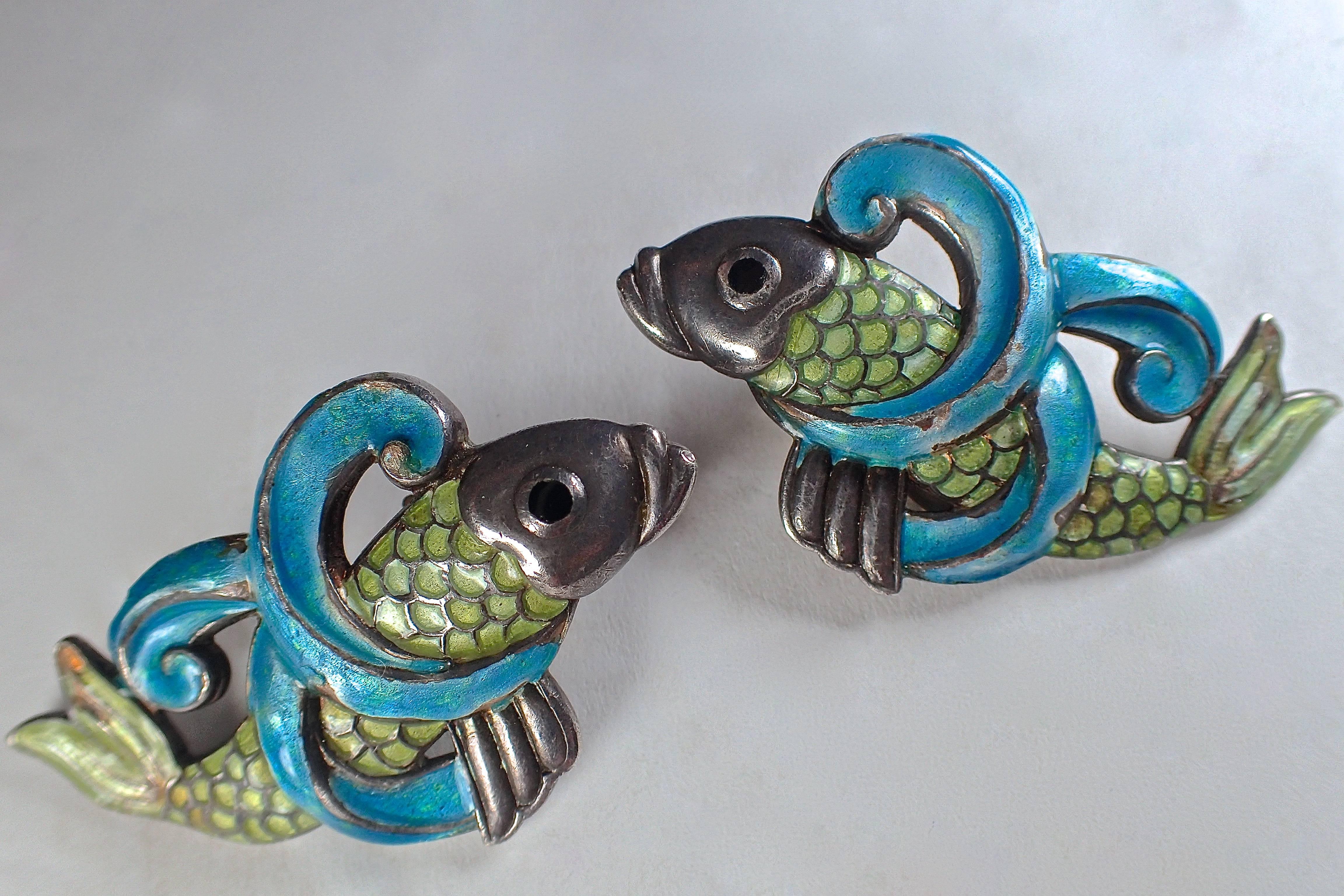 Mexican Enamel Leaping Fish in the Waves Set by Margot de Taxco 