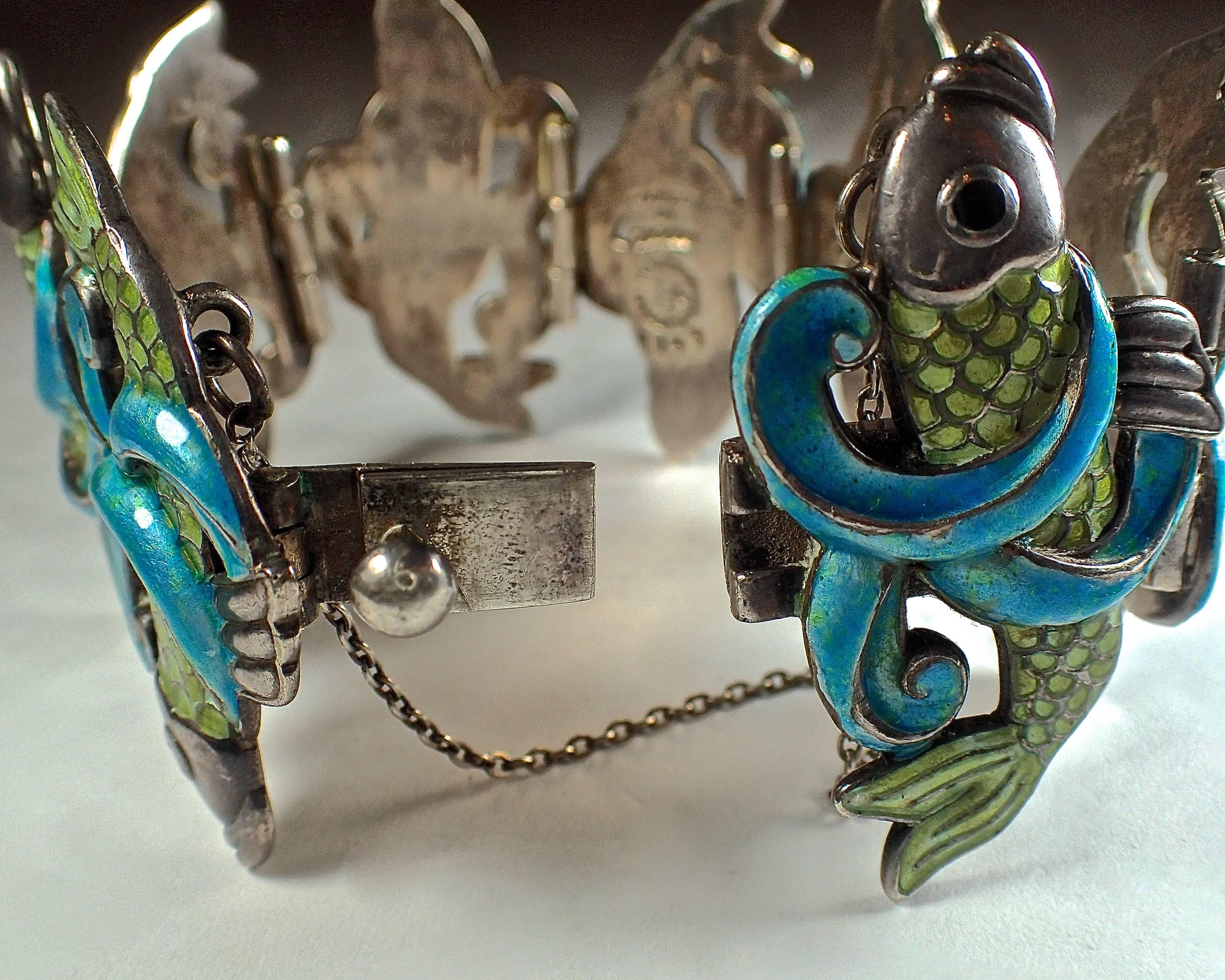 Enamel Leaping Fish in the Waves Set by Margot de Taxco  In Good Condition In Santa Fe, NM