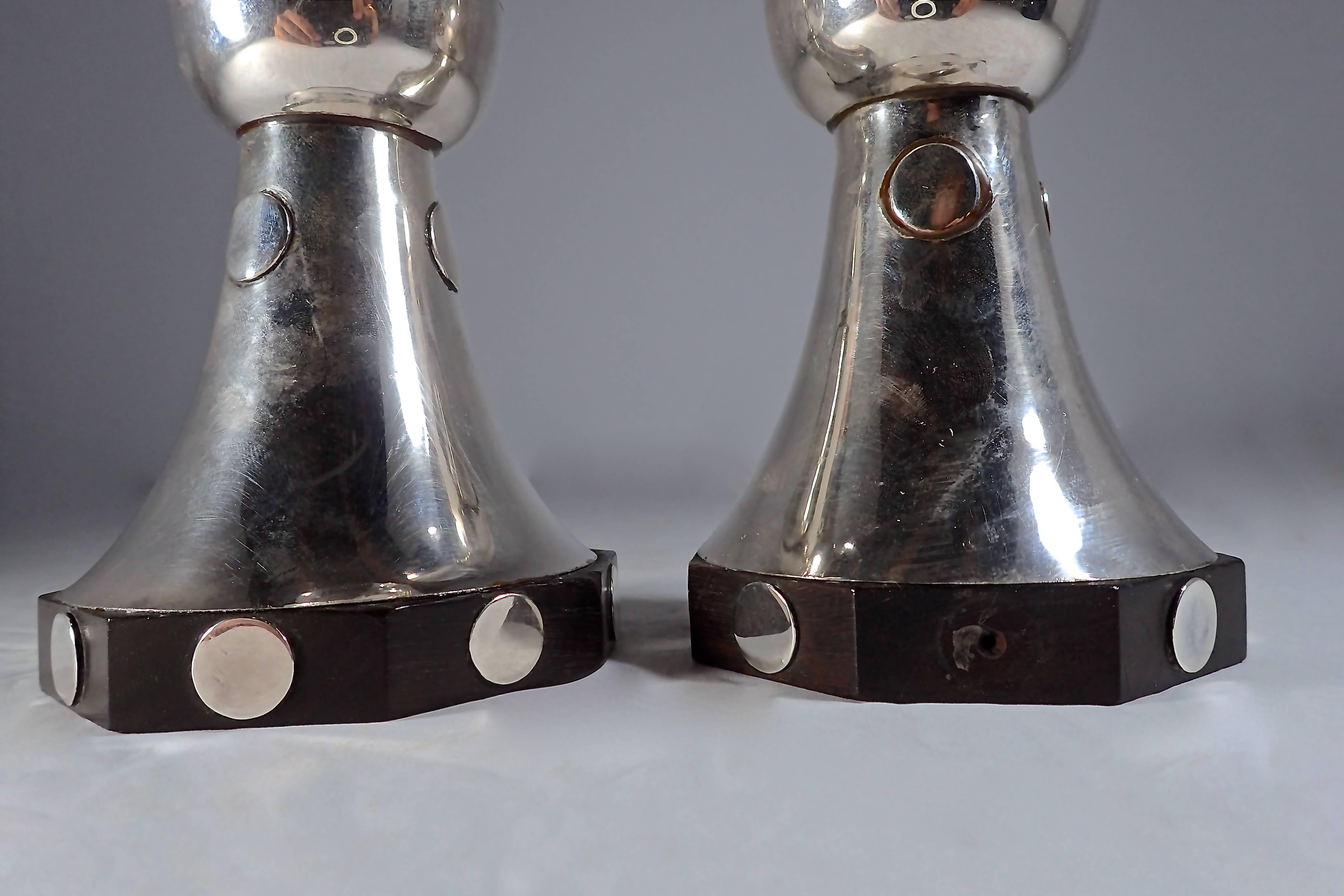 Mid-Century Modern William Spratling Candlesticks with Dots and Ebony Wood Base  For Sale