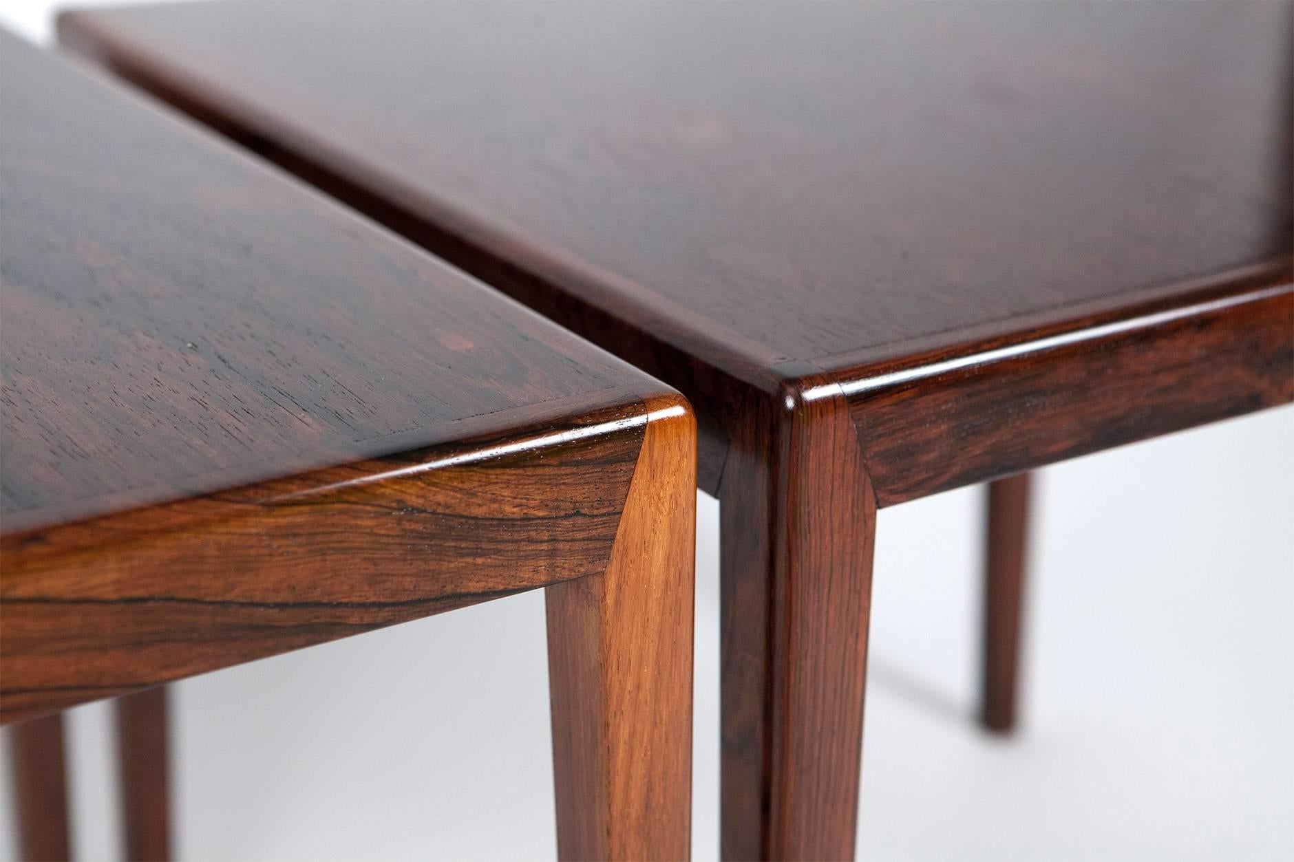 Pair of side tables from unknown Danish cabinet maker, circa 1960. Constructed from Brazilian rosewood.