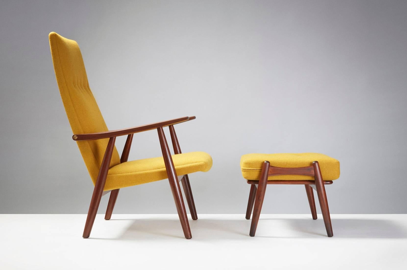Designed 1958, produced by GETAMA, Denmark. Afromosia African teak frame with seat and cushion reupholstered in Bute wool fabric. Matching foot stool.
 