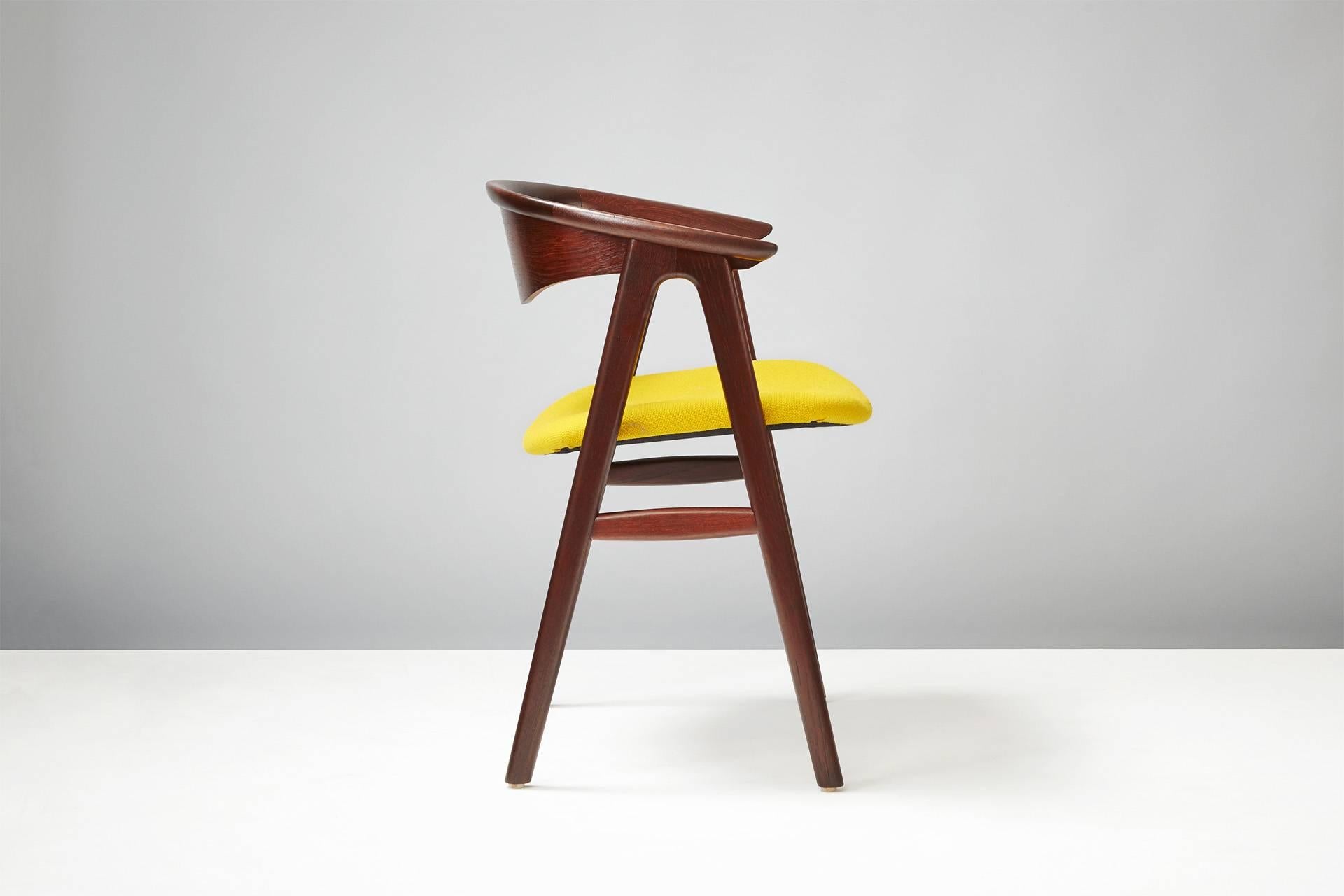 Dark teak desk chair produced by Hong Stolefabrik, Denmark. Seat reupholstered in yellow Kvadrat Hallingdal fabric.