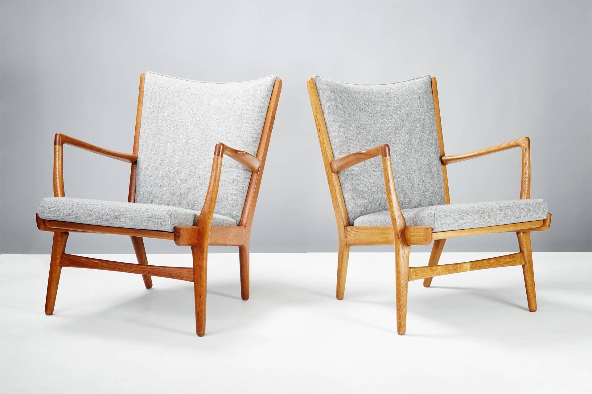 Produced by A.P. Stolen, Denmark. Rare pair of easy chairs in oak with new Kvadrat-Hallingdal 130 wool fabric.
