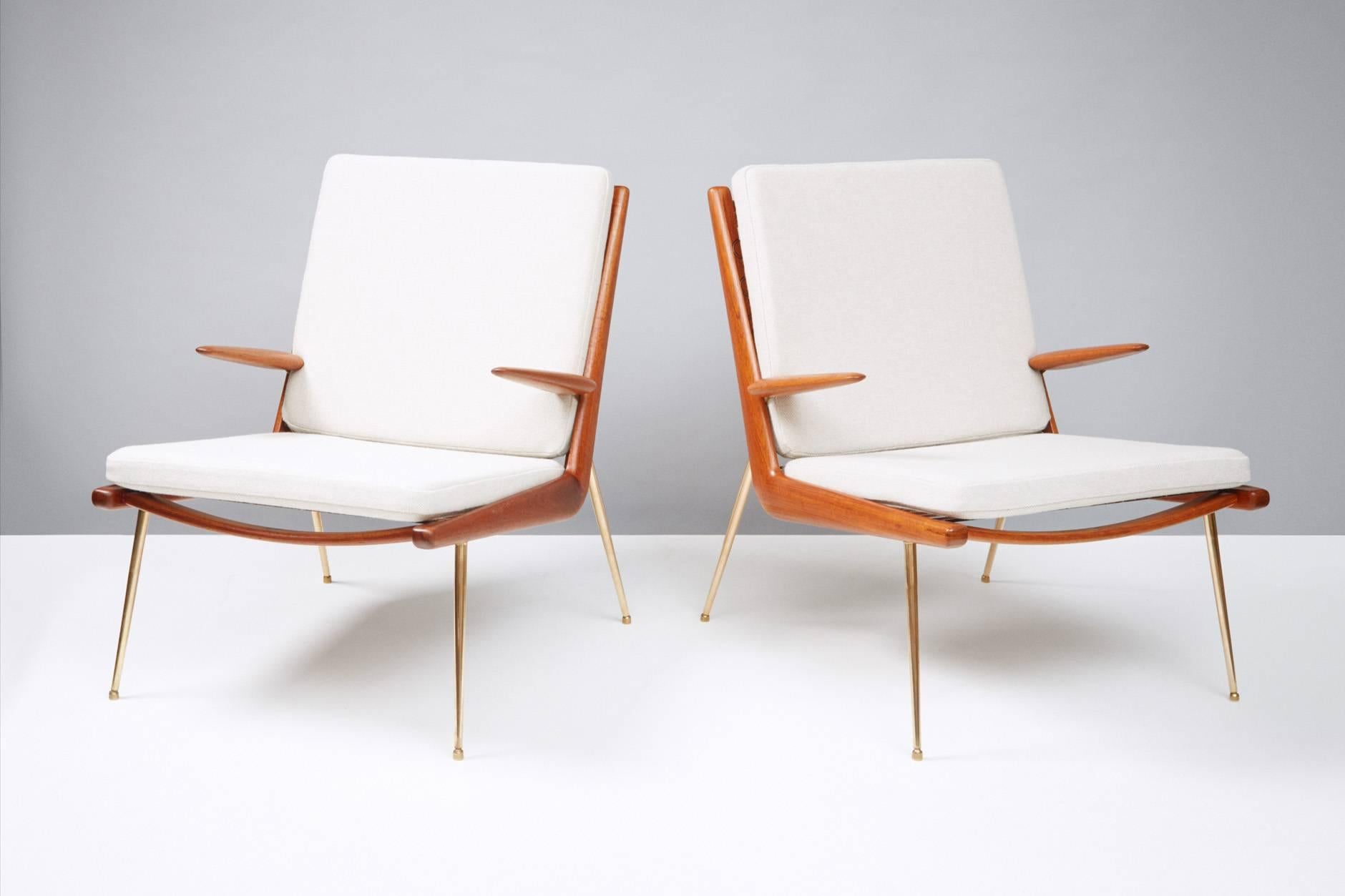 Produced by France & Daverkosen, Denmark. Teak frame with brass legs and fittings. New cushions covered in pale grey Kvadrat Hallingdal wool fabric.