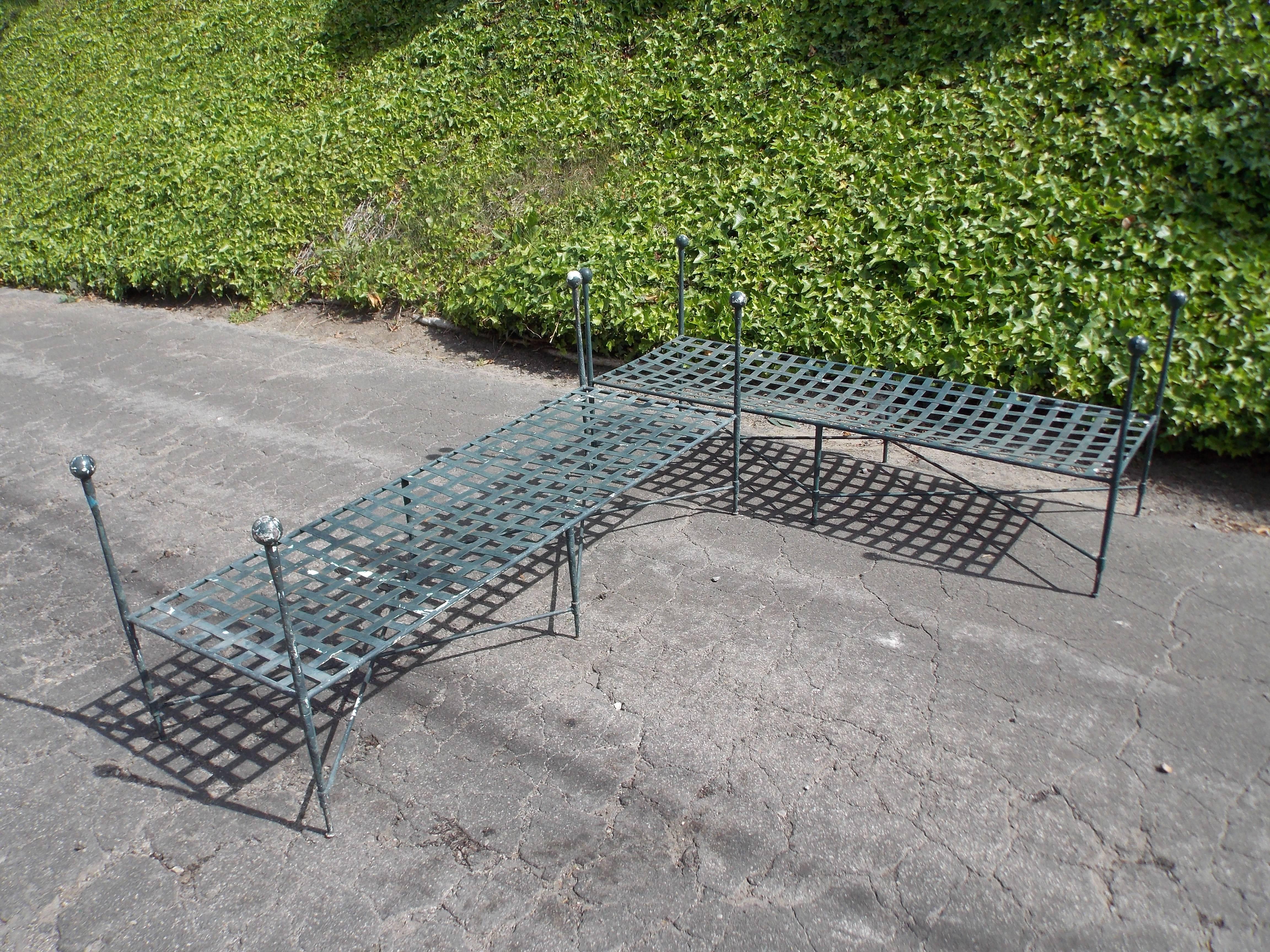 A great pair of benches.
Made of powdered coated steel.
They are in the original vintage condition.
They show ware and patina consistent with age, but no damage or repairs.
They are solid and sturdy.
These are great to use indoors or out.
 