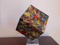 Vintage Modern Art Plastic Cube Sculpture with Collage
