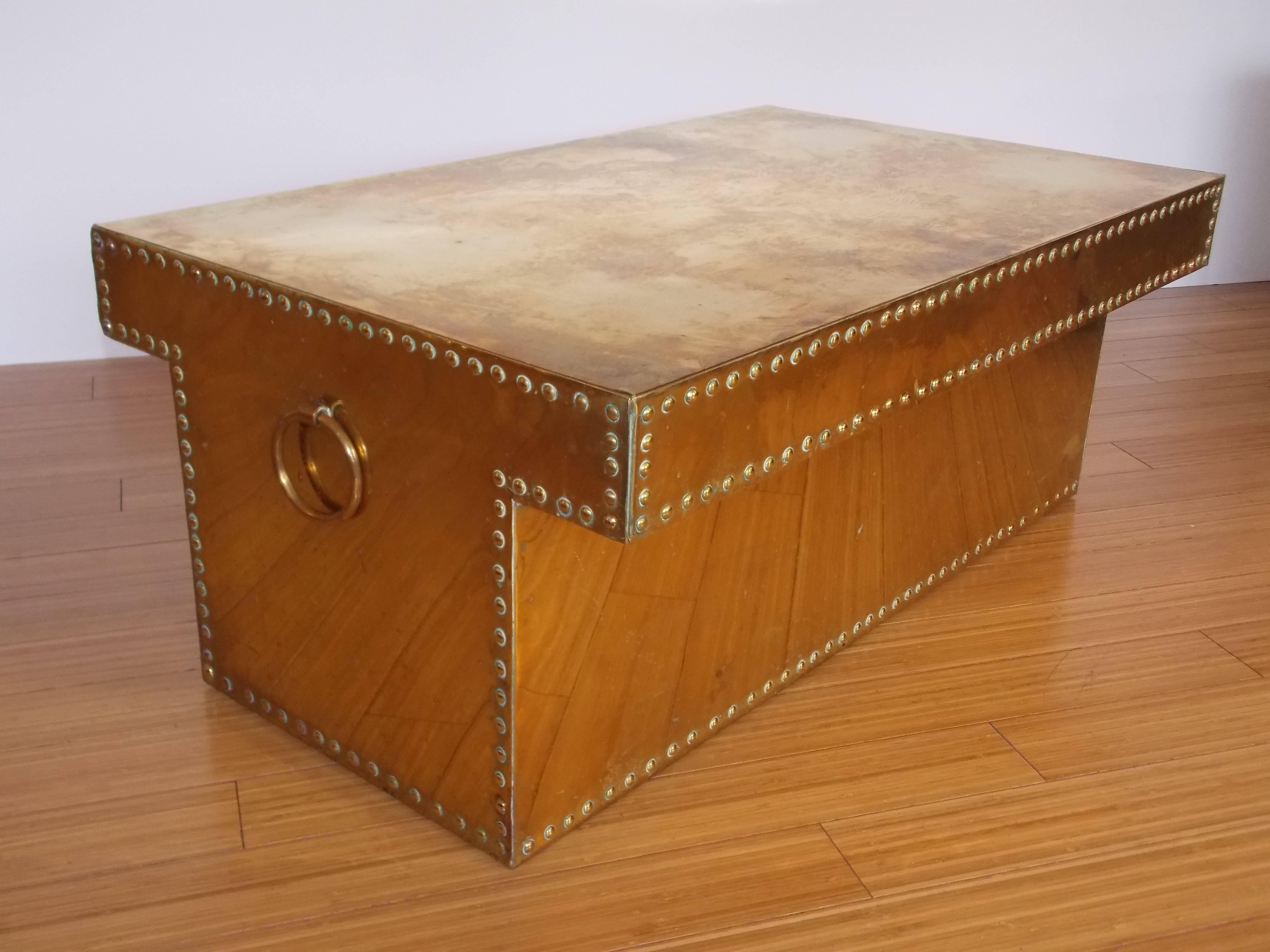 A handsome architectural design.
It has the original ware with a beautiful patina consistent with age.
(It can be easily polished or left as is.)
Great to use anywhere in the home, also as an end or accent table.
Still sturdy and functional.
In