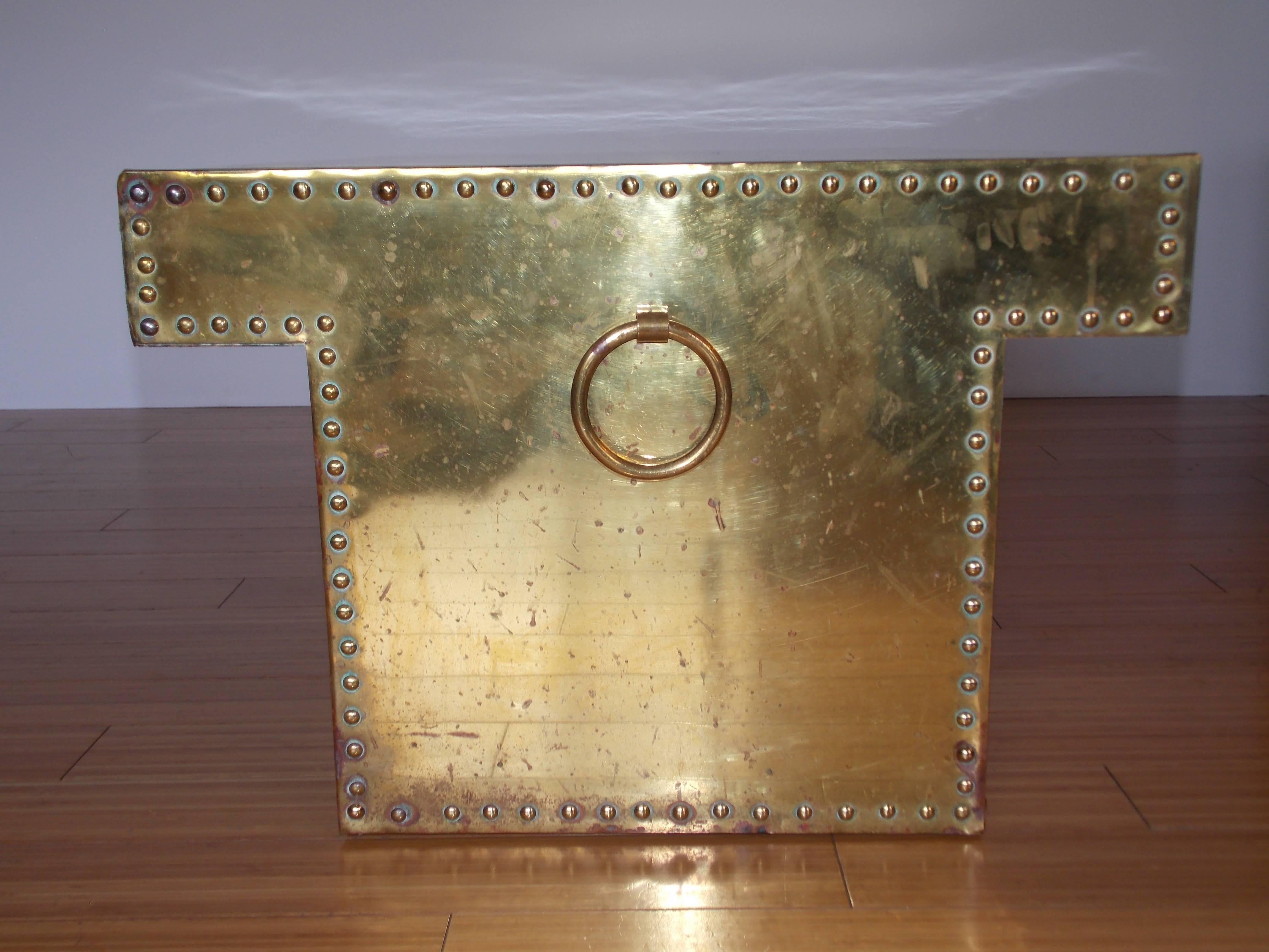 Sarreid Ltd Brass Studded T Shape Coffee Table In Good Condition In Los Angeles, CA