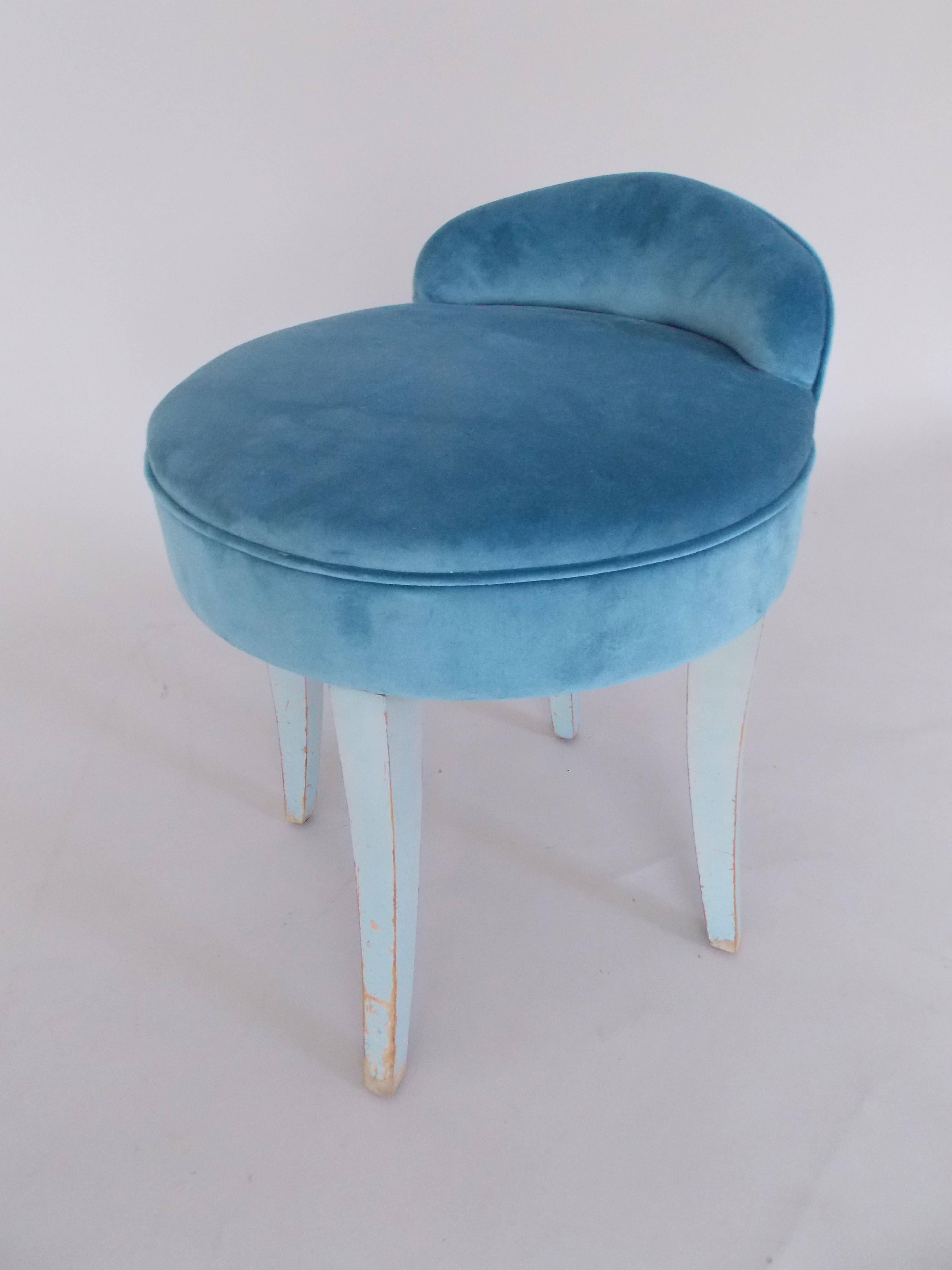 A nice design.
Made of wood construction with the original robins egg blue lacquer with reupholstered elegant light blue velvet.
 