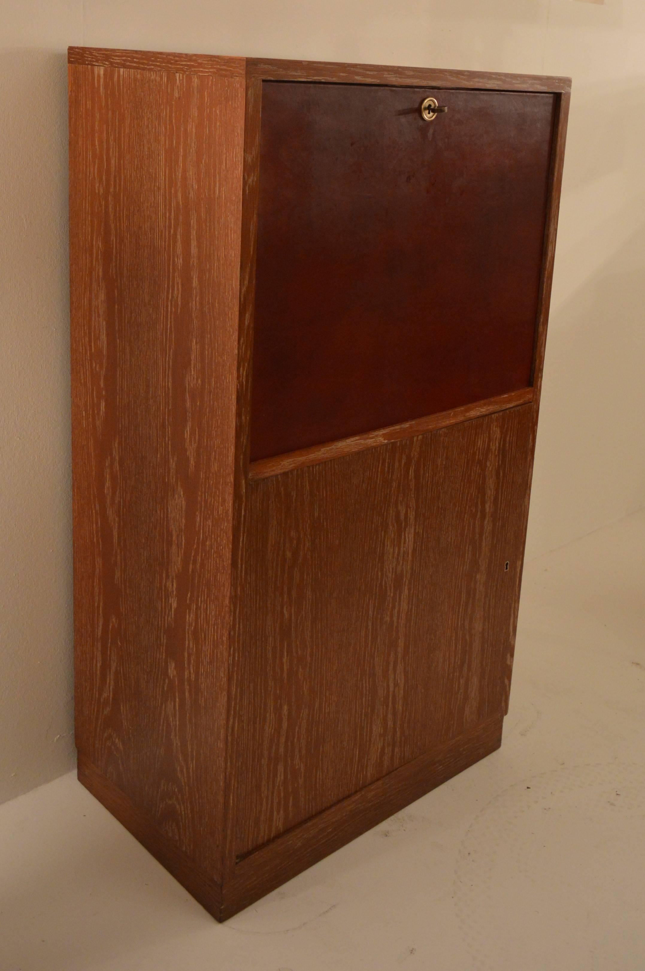 Art Deco Secretary in Oak with Door Covered in Core-Leather by Charles Dudouyt 1