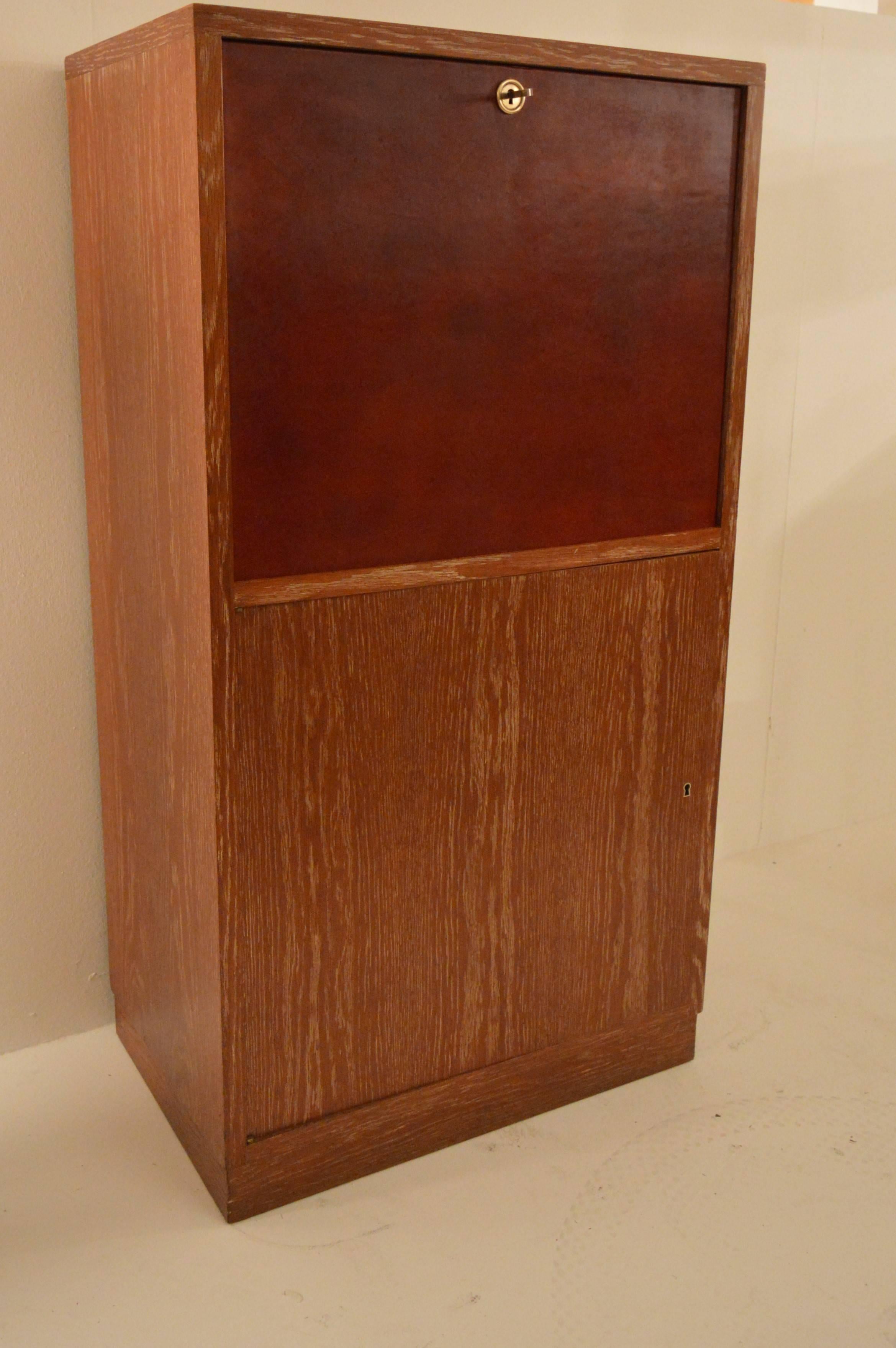 Art Deco Secretary in Oak with Door Covered in Core-Leather by Charles Dudouyt In Good Condition In Castenray, NL