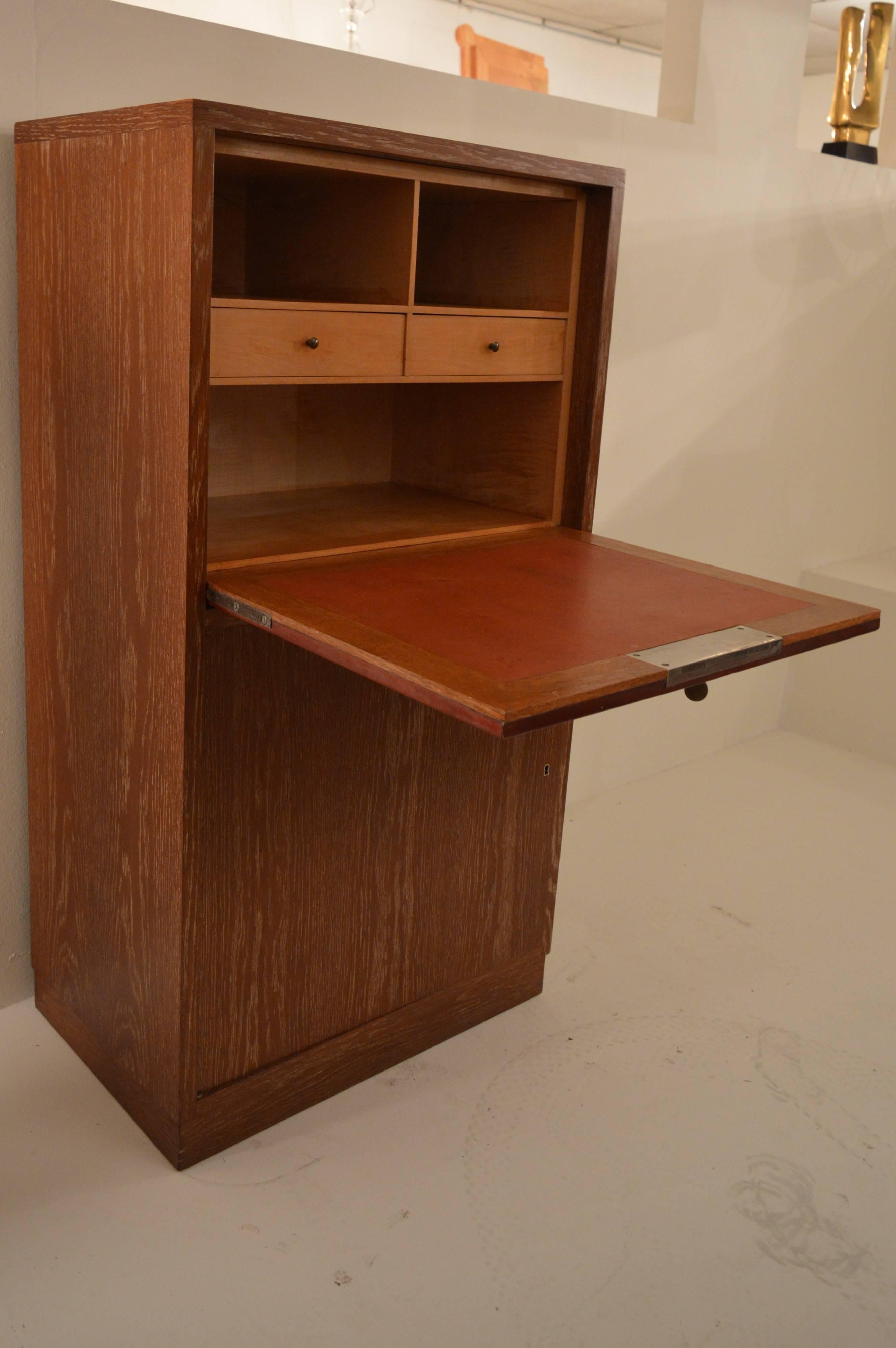 French Art Deco Secretary in Oak with Door Covered in Core-Leather by Charles Dudouyt