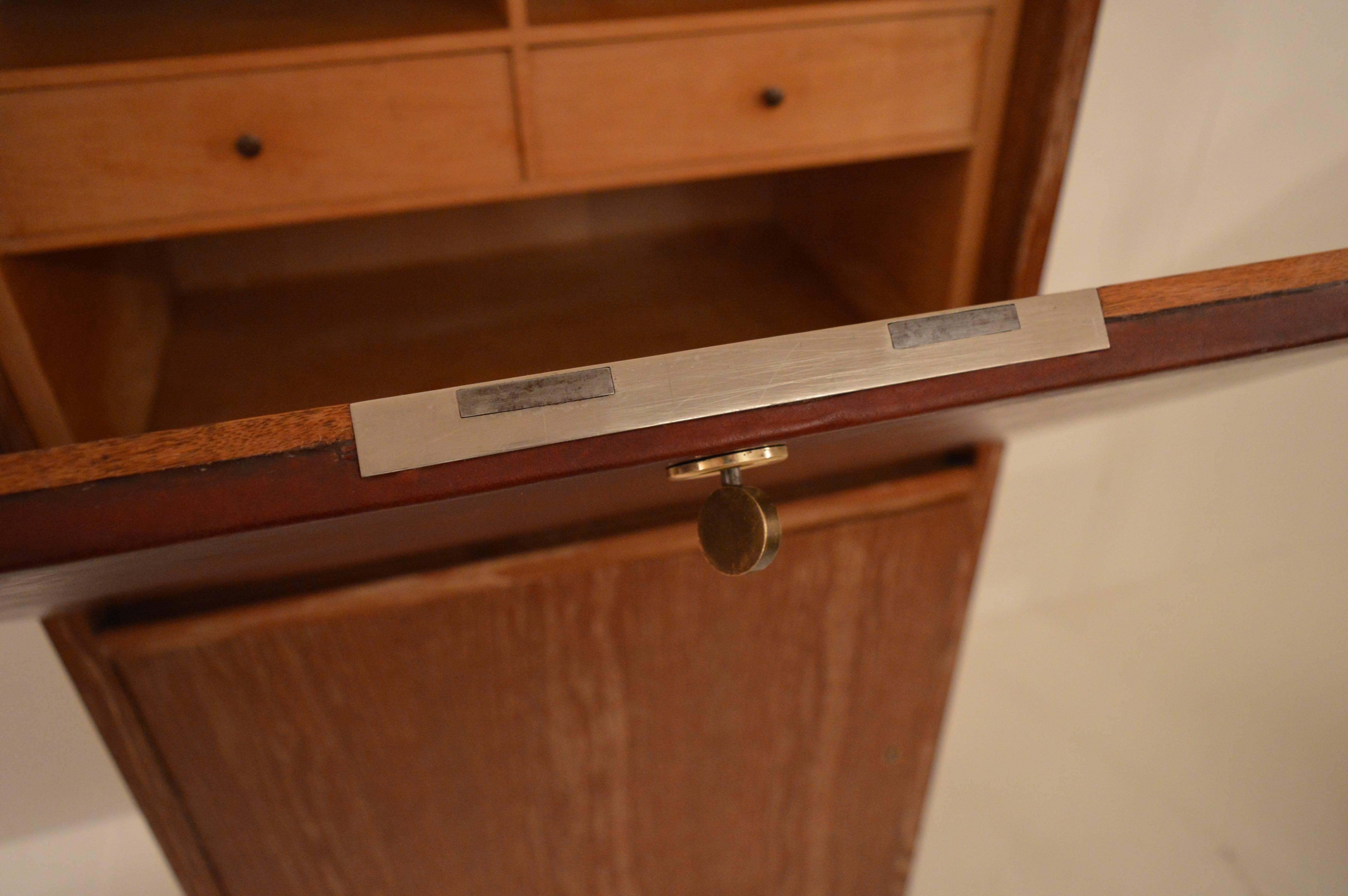 Cerused Art Deco Secretary in Oak with Door Covered in Core-Leather by Charles Dudouyt