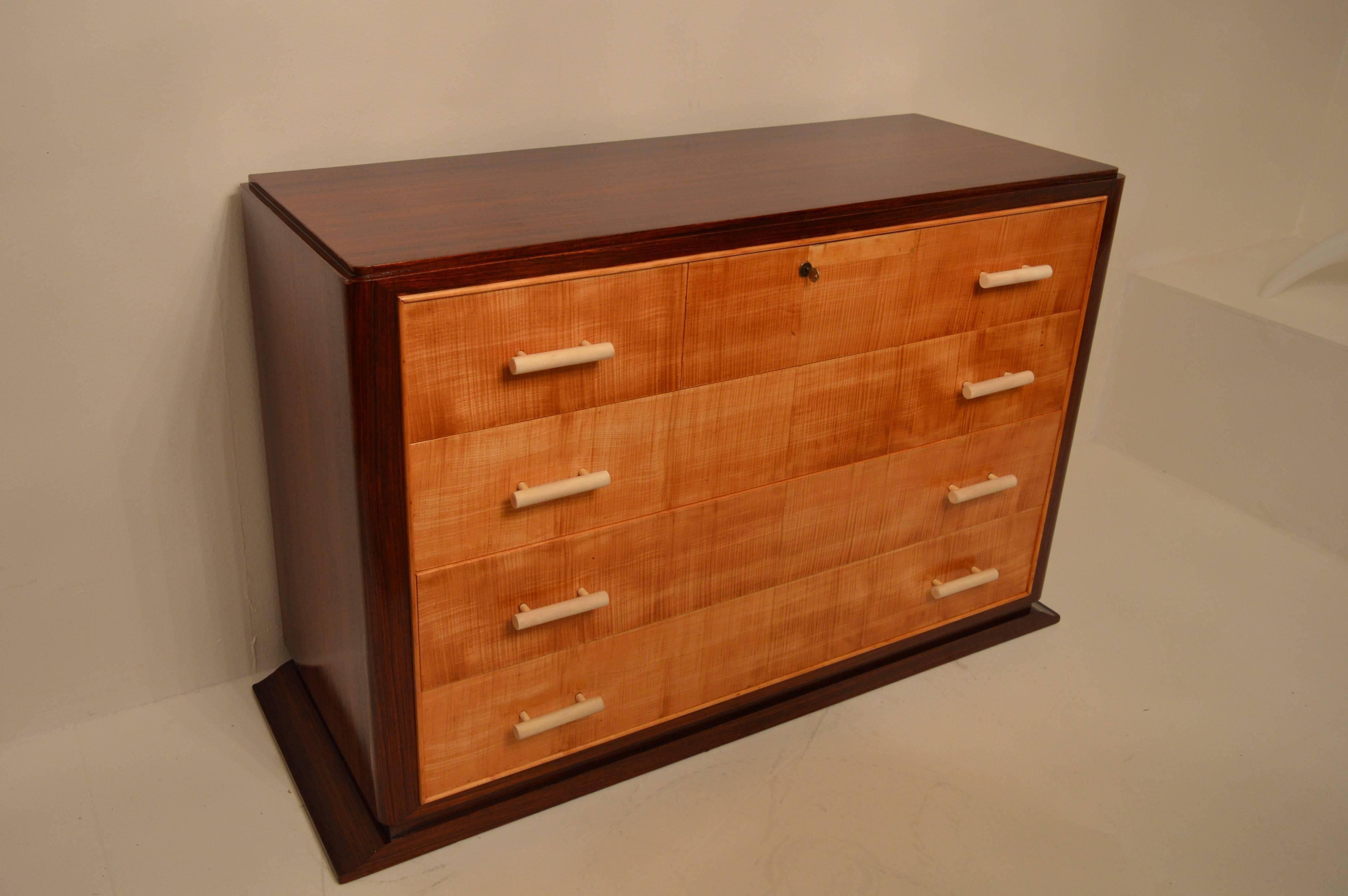 Art Deco Commode in Rosewood and Sycamore Moiree, Attributed to Mercier Freres 1