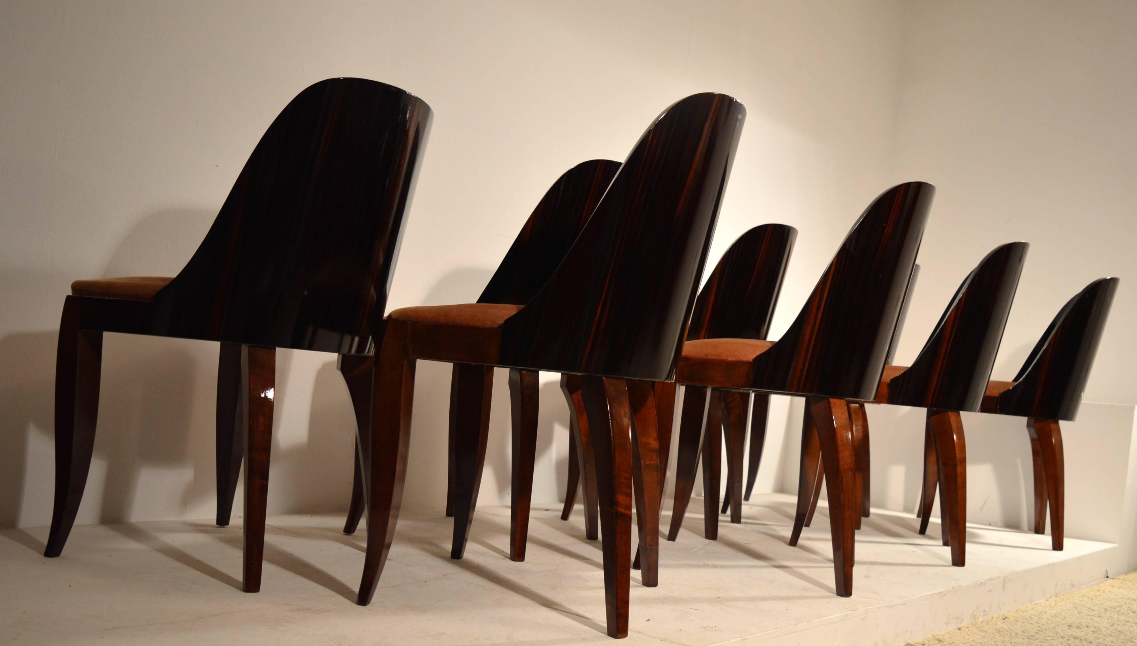 French Art Deco Dining Table with Eight Chairs in Ebony Macassar