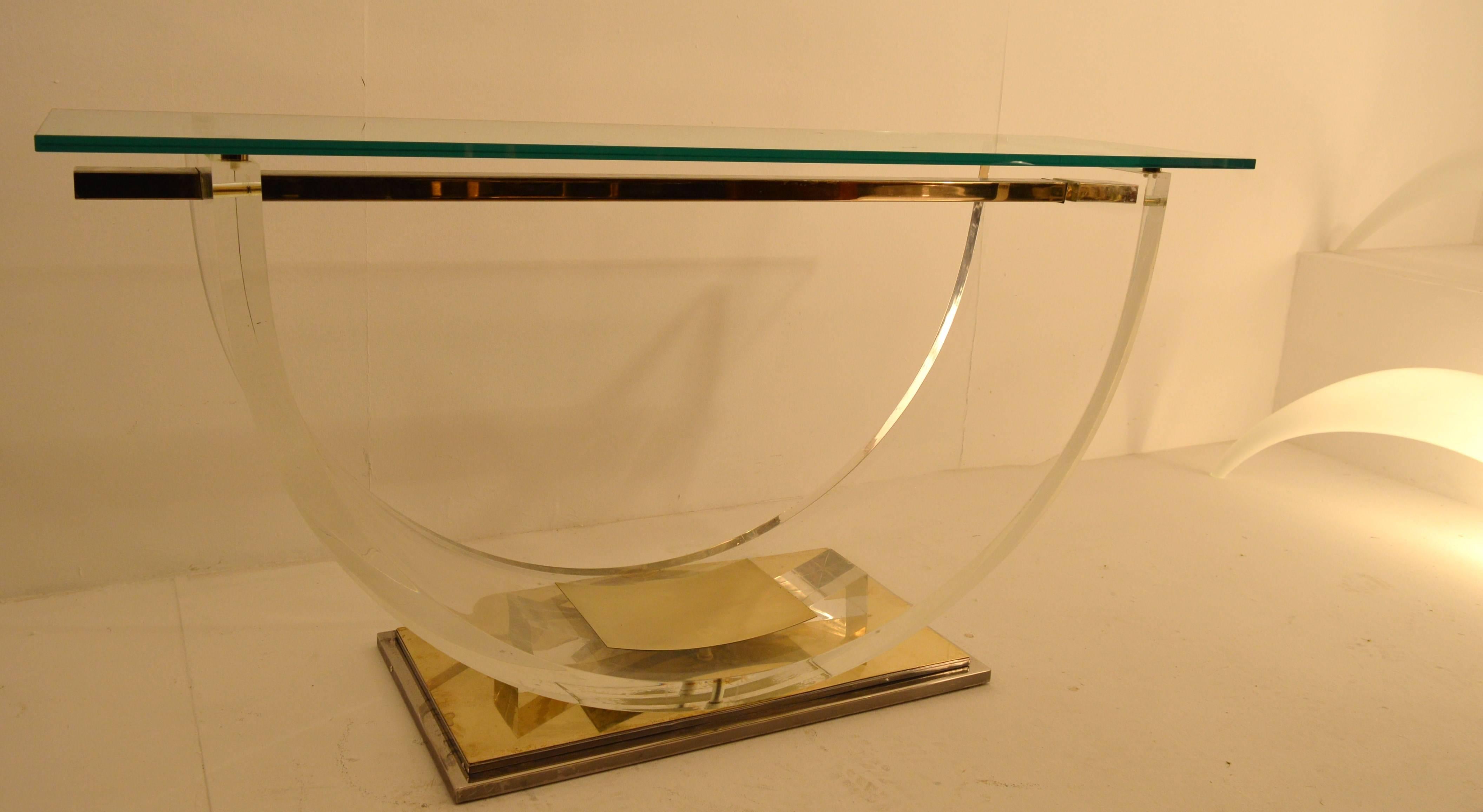 Belgian Plexiglass or Perspex Console with Iron and Brass Base and Glass Top