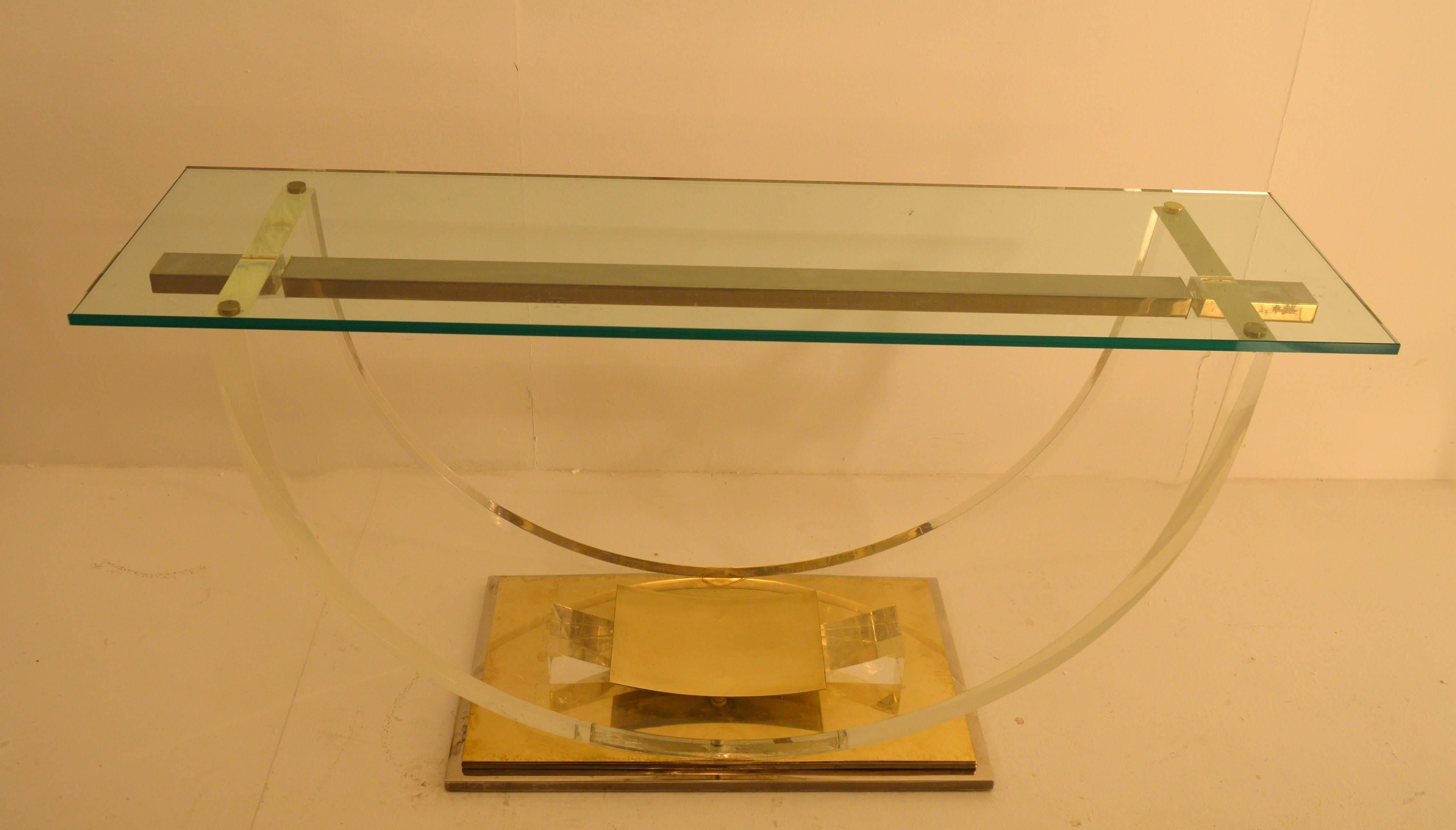 Mid-Century Modern Plexiglass or Perspex Console with Iron and Brass Base and Glass Top