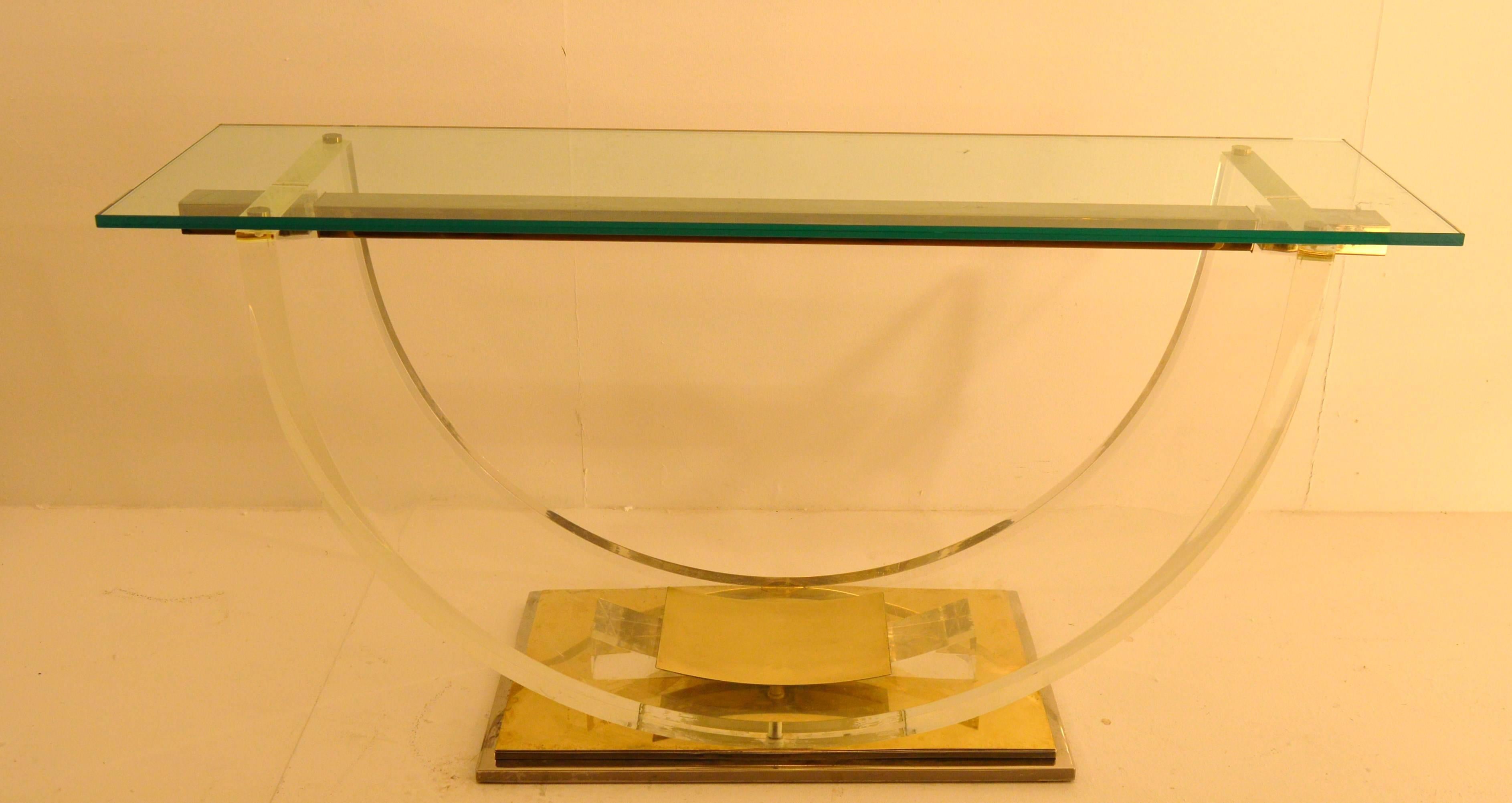 Plexiglass or Perspex Console with Iron and Brass Base and Glass Top In Good Condition In Castenray, NL